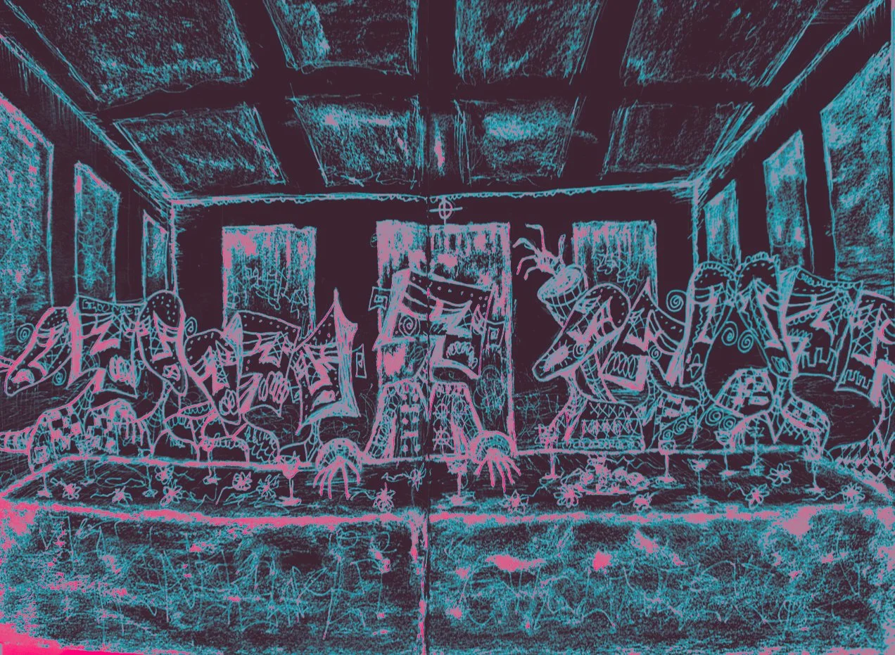 "FINAL DINNER, MIDNIGHT BLUE"  -                                                              
MEDIUM: INK, PEN & PENCIL ON PAPER & DIGITALLY EDITED