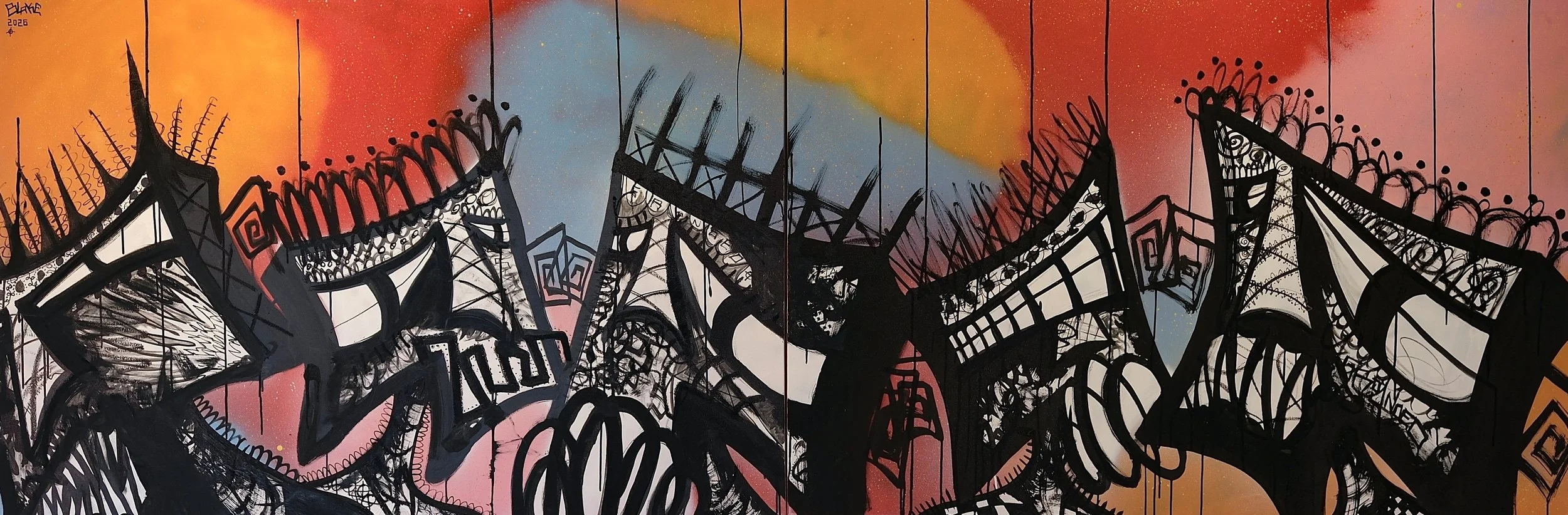 "WHERE ARE WE?" - MEDIUM: SPRAYPAINT, ACRYLIC PAINT & INK ON TWO CONJOINED CANVASES - DIMENSIONS: 100 x 300 CM