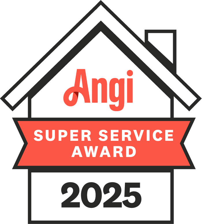 A house-shaped badge with the text "Angi" at the top, "Super Service Award" in the middle on a red banner, and the year "2025" at the bottom.