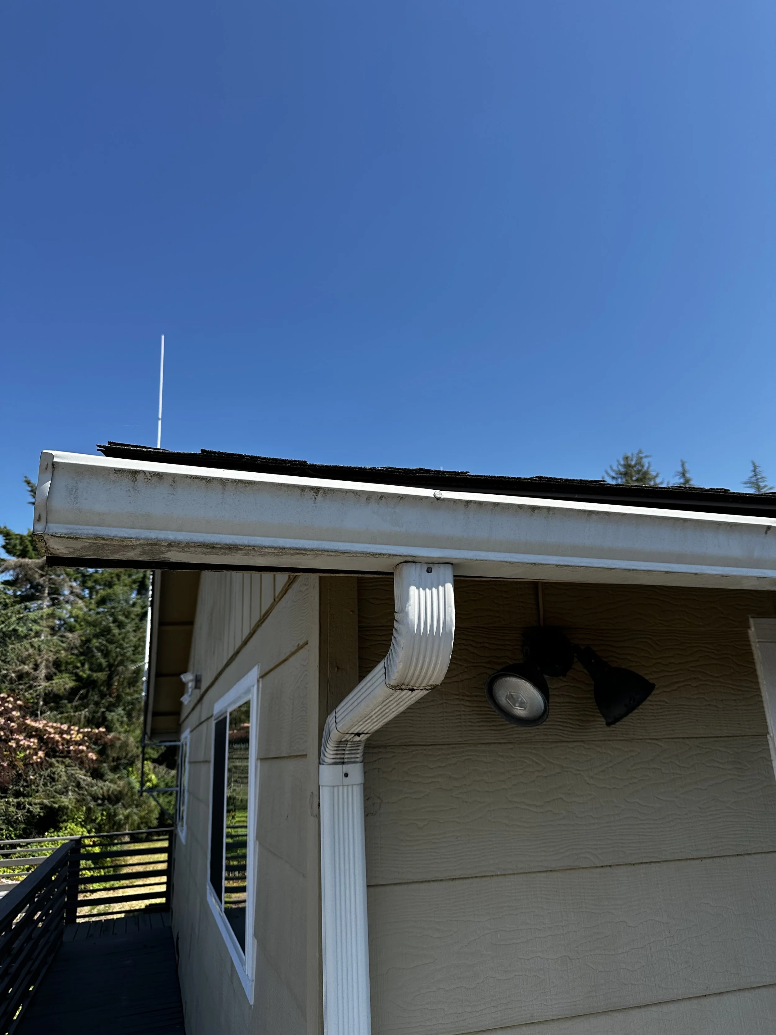 Close-up of the corner of a house with a gutter and downspout under a blue sky, with trees in the background.