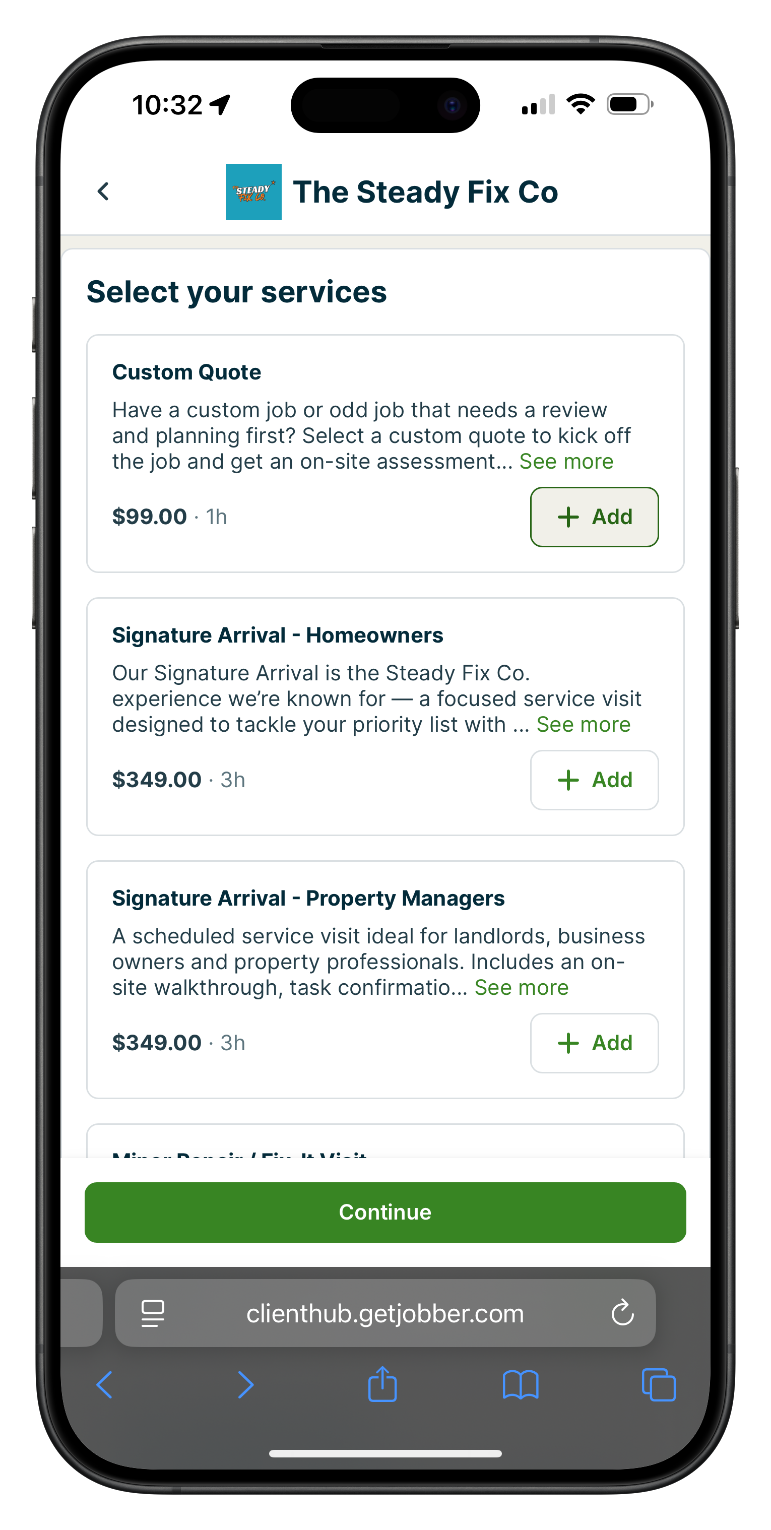 Screenshot of a mobile app for The Steady Fix Co showing service options including Custom Quote, Signature Arrival for Homeowners, and Signature Arrival for Property Managers, with prices and an option to continue.