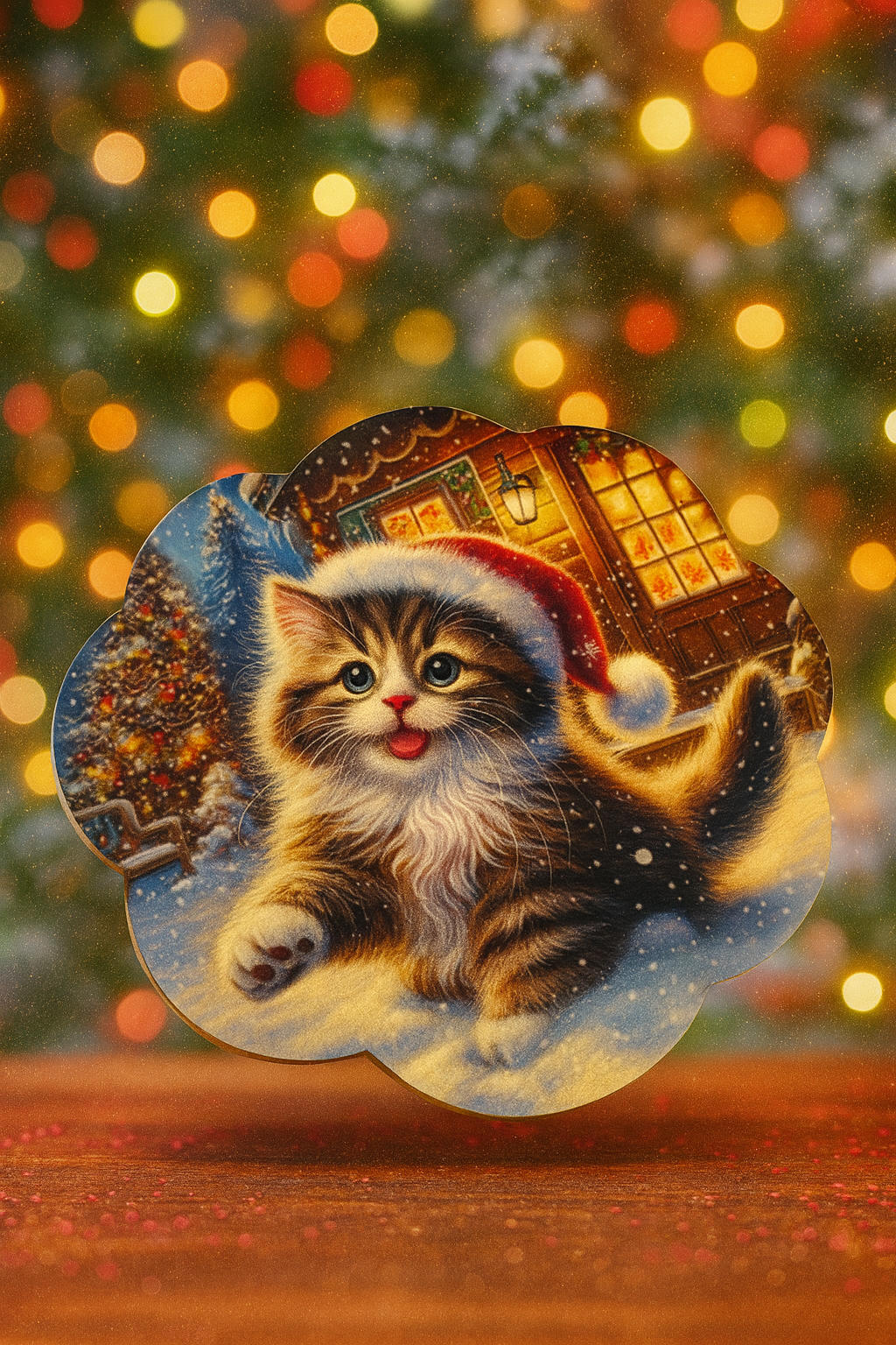 Festive Kitten Wooden Coaster