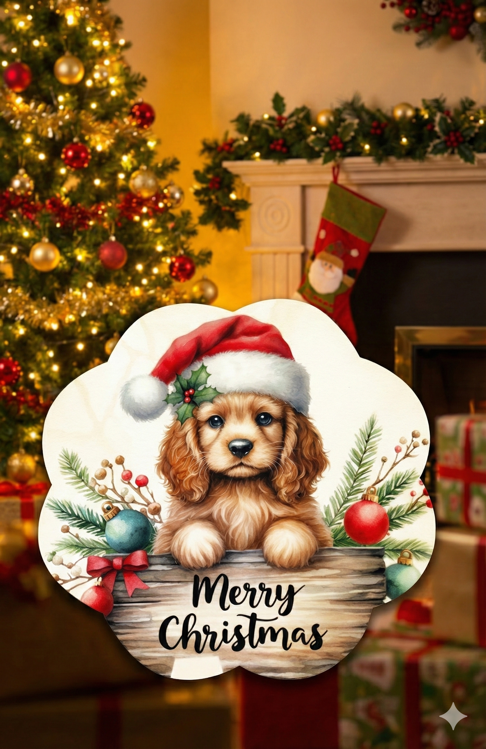 Festive Puppy Christmas Wooden Coaster