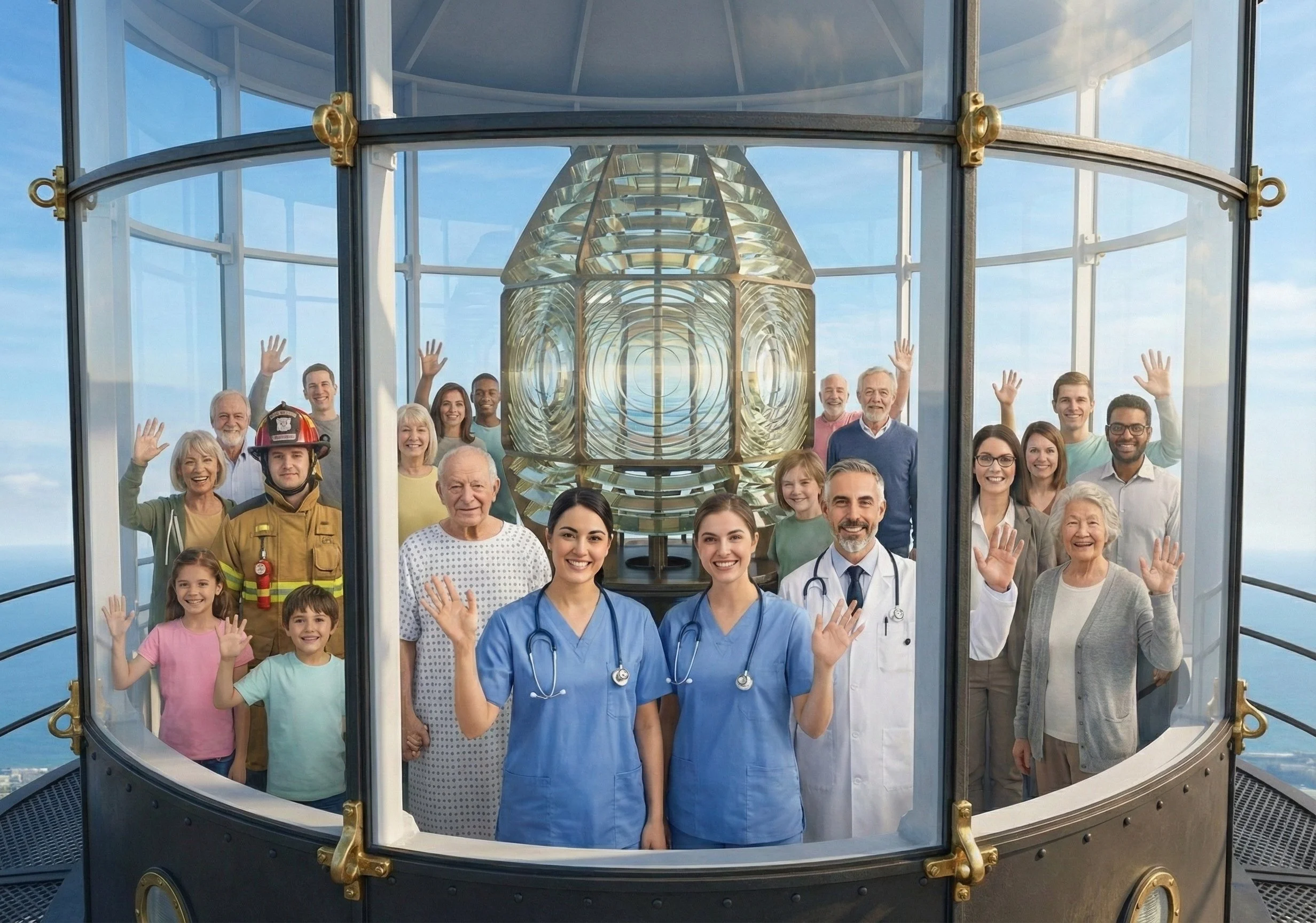 A group of diverse healthcare professionals, first responders, seniors, children, and other individuals, standing inside a glass observation deck at a high elevation, smiling and waving, with a scientific or technological structure behind them.