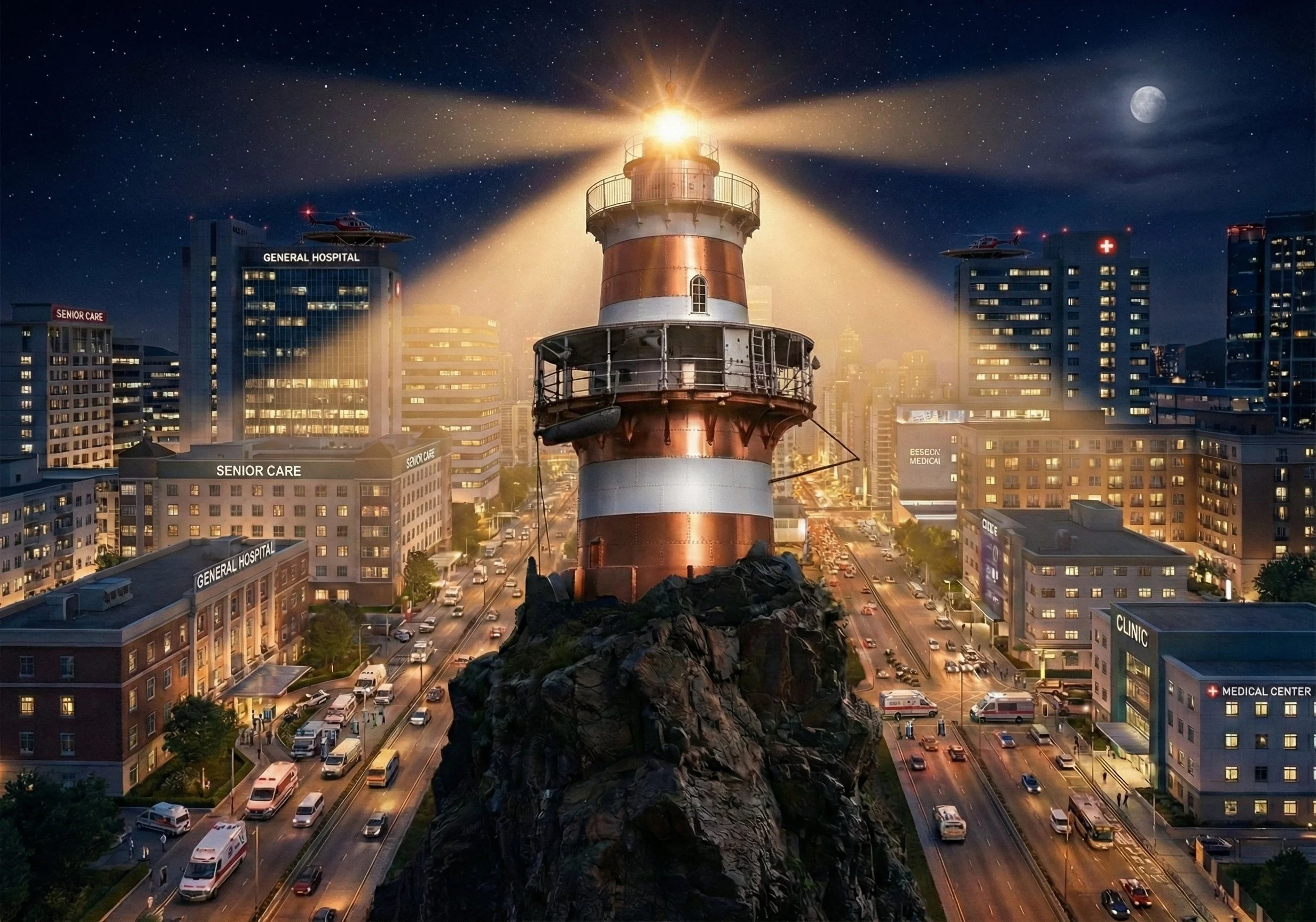 Nighttime cityscape with a large lighthouse on a rocky hill in the center, its light shining brightly, illuminating surrounding buildings including hospitals and clinics, with a starry sky, full moon, and helicopters in the sky.
