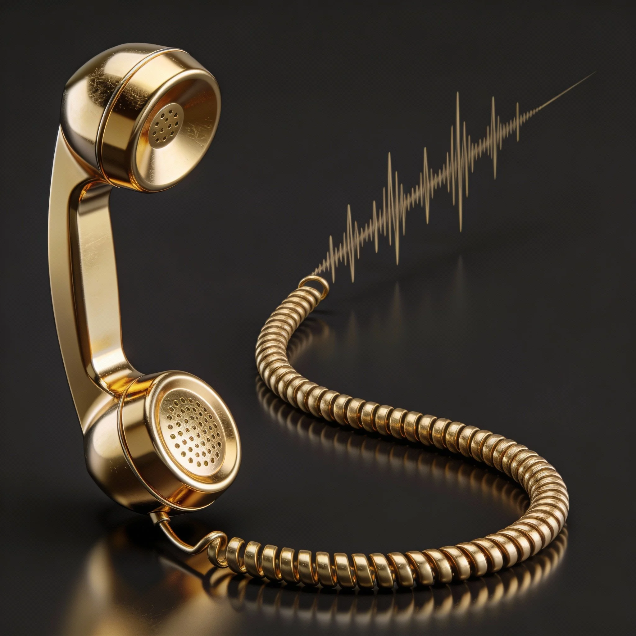 A vintage gold-colored telephone receiver with a coiled cord, with a soundwave graphic extending from it on a black background.