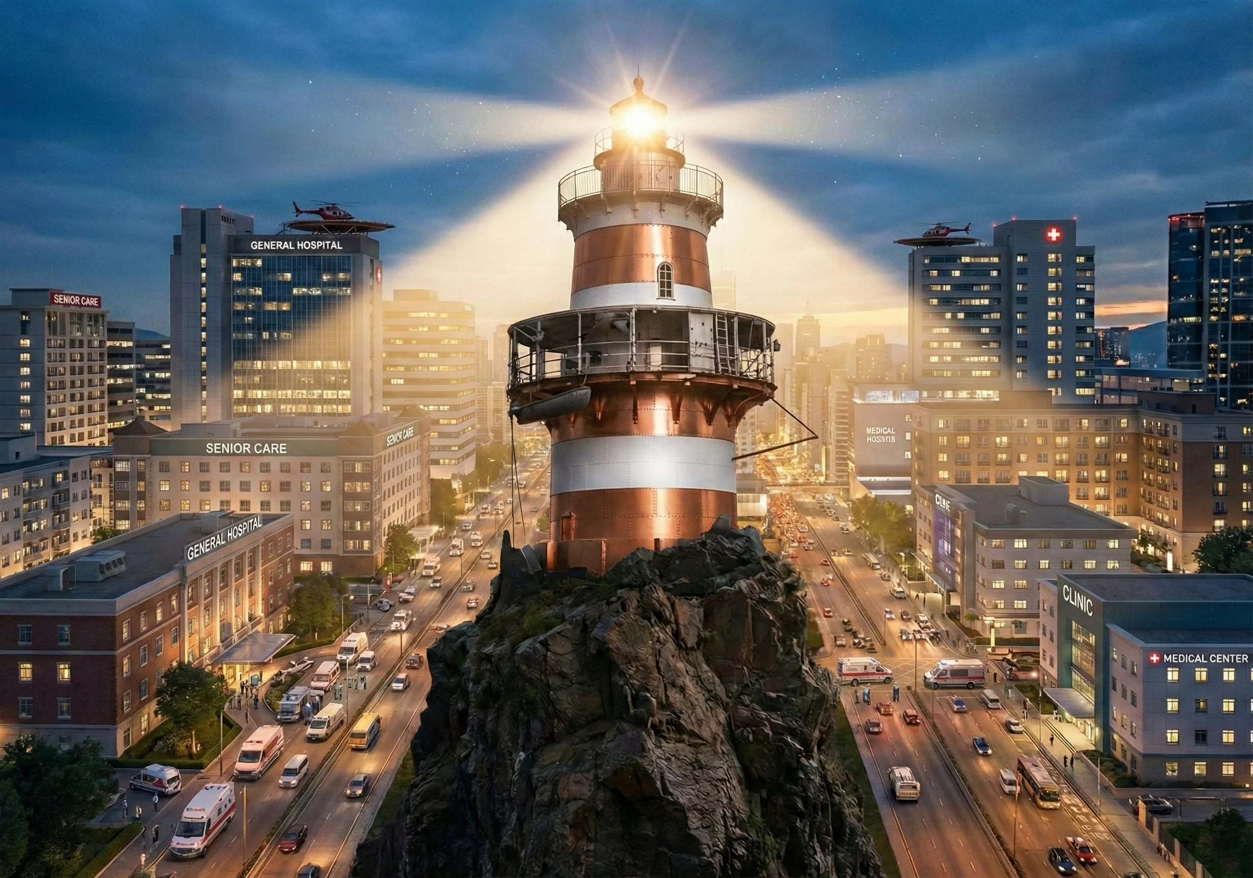 A lighthouse on a rocky hill in the middle of a cityscape at sunset, with buildings and hospitals around, and helicopters flying overhead.