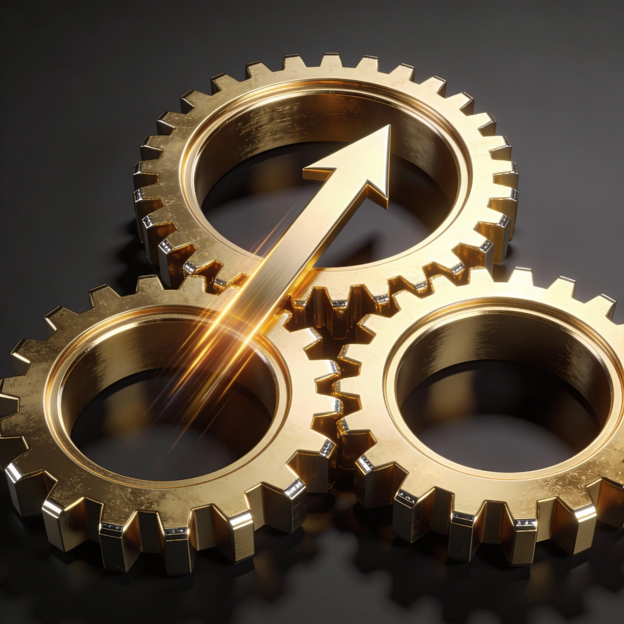 Three interconnected gold gears with a golden arrow pointing upward in the center.