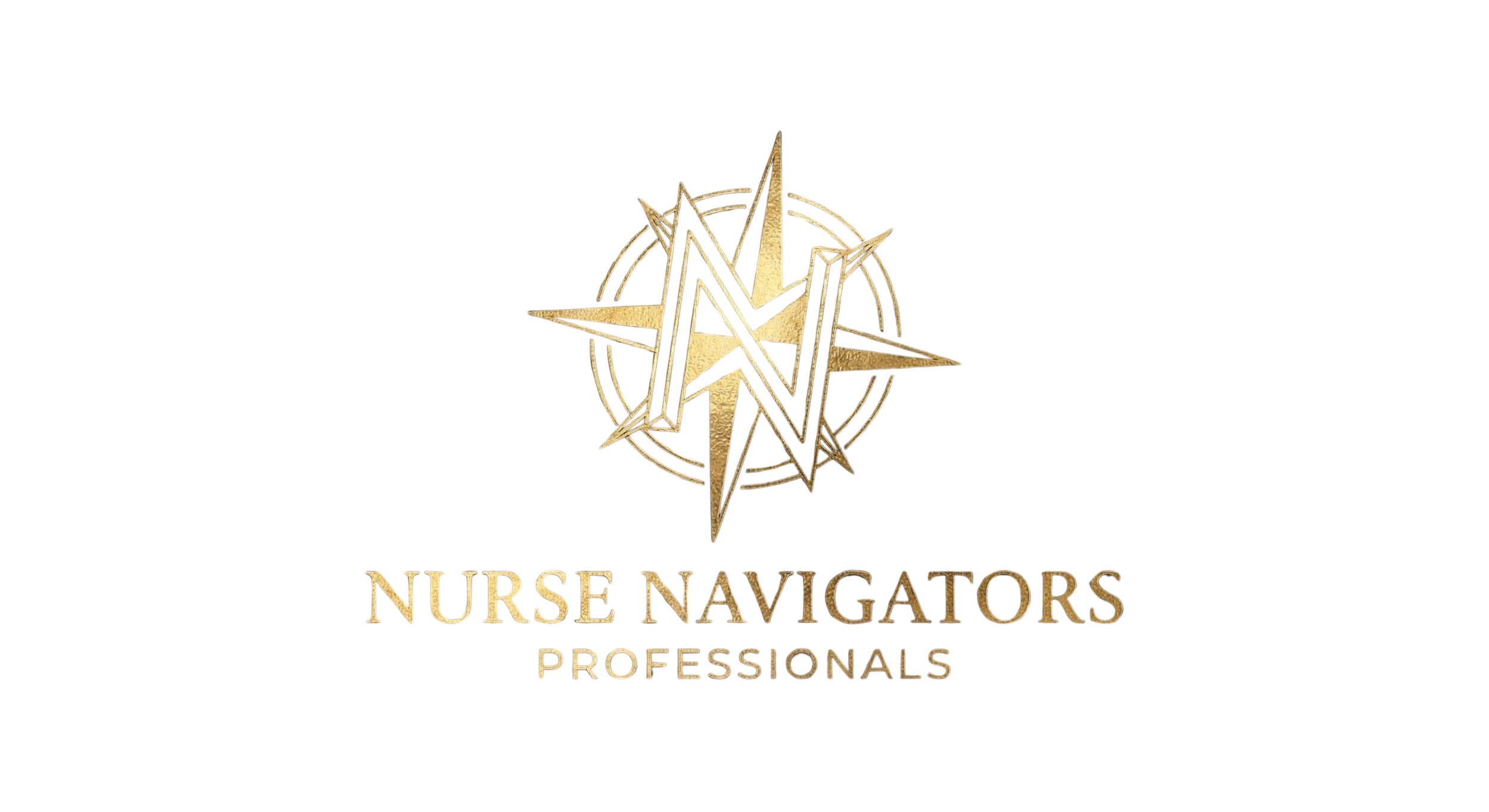Gold 3D text reading 'Nurse Navigators Professionals' beneath a gold star and compass design on a black background.