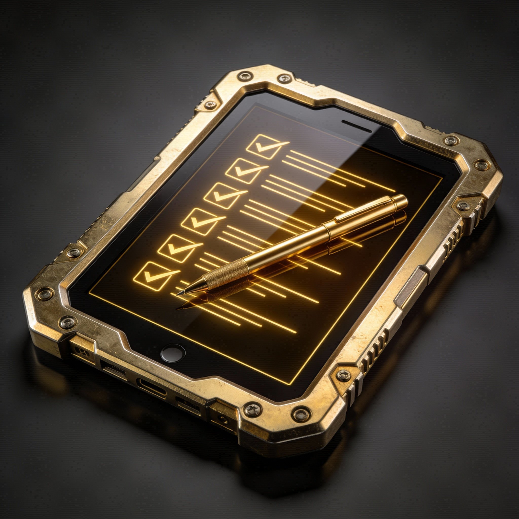 A rugged smartphone with a metallic case displaying a checklist with checkmarks, a gold pen resting on the screen, and glowing lines on a dark background.