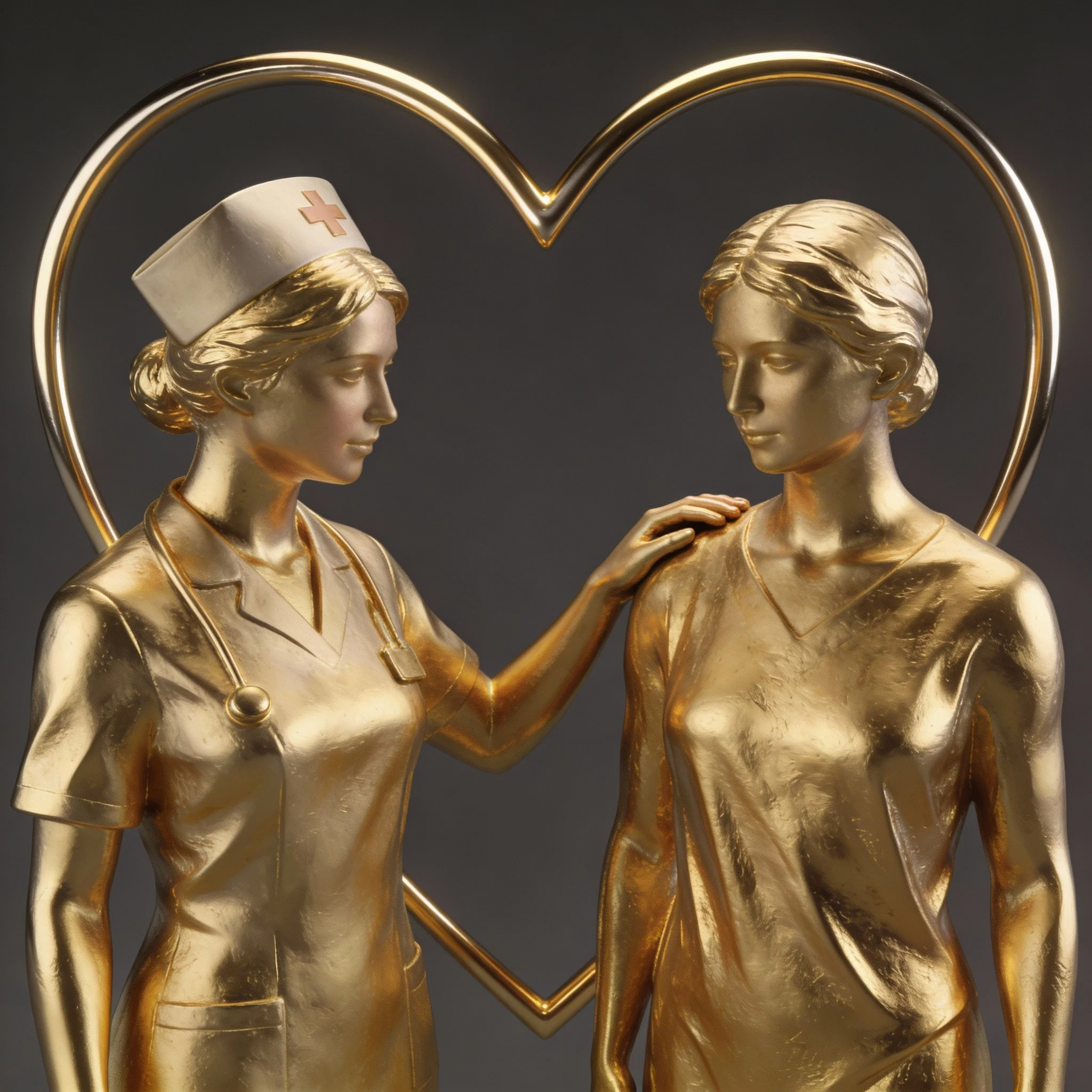 Gold-colored sculpture of a nurse and a woman, with a gold heart outline in the background, symbolizing care and compassion.