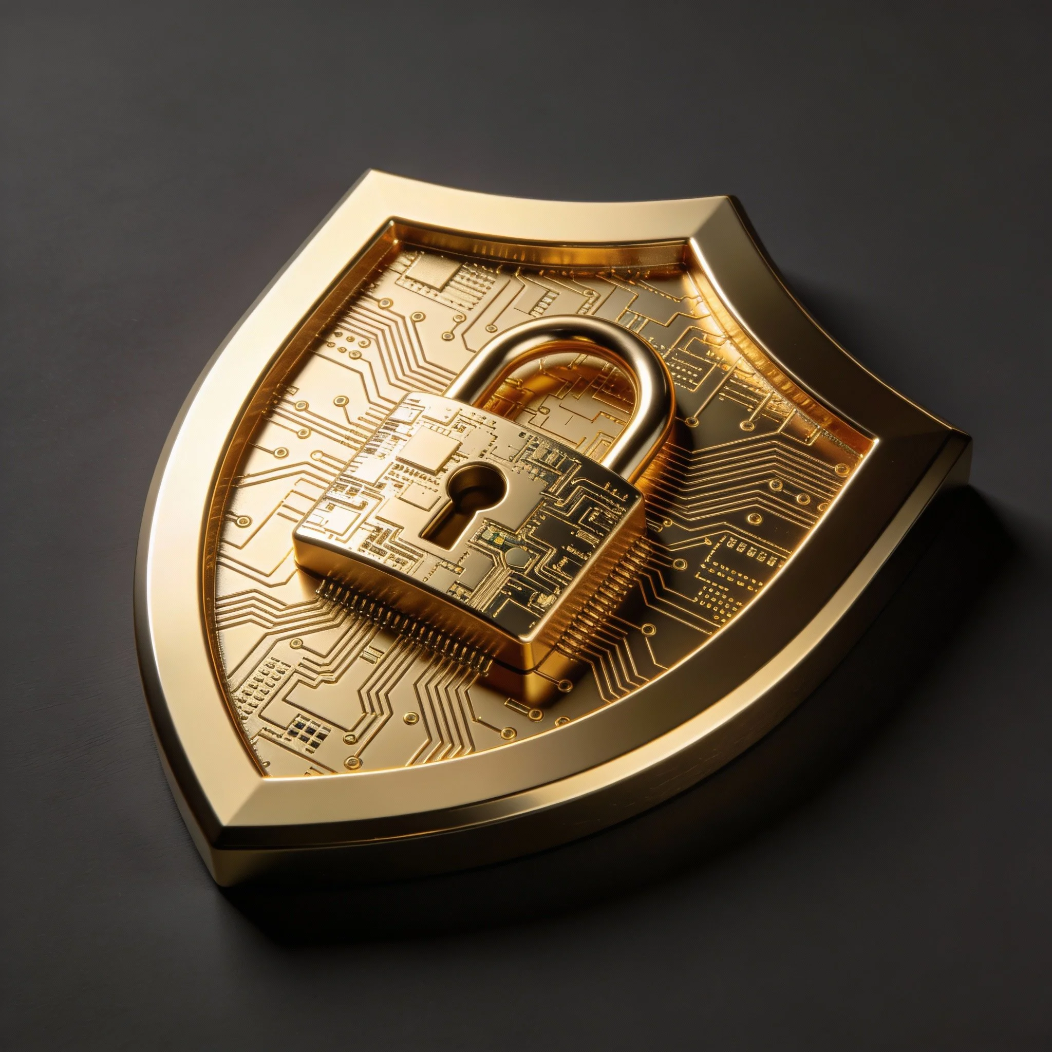 Golden shield with a circuit board pattern and a padlock in the center, symbolizing cybersecurity or digital security.