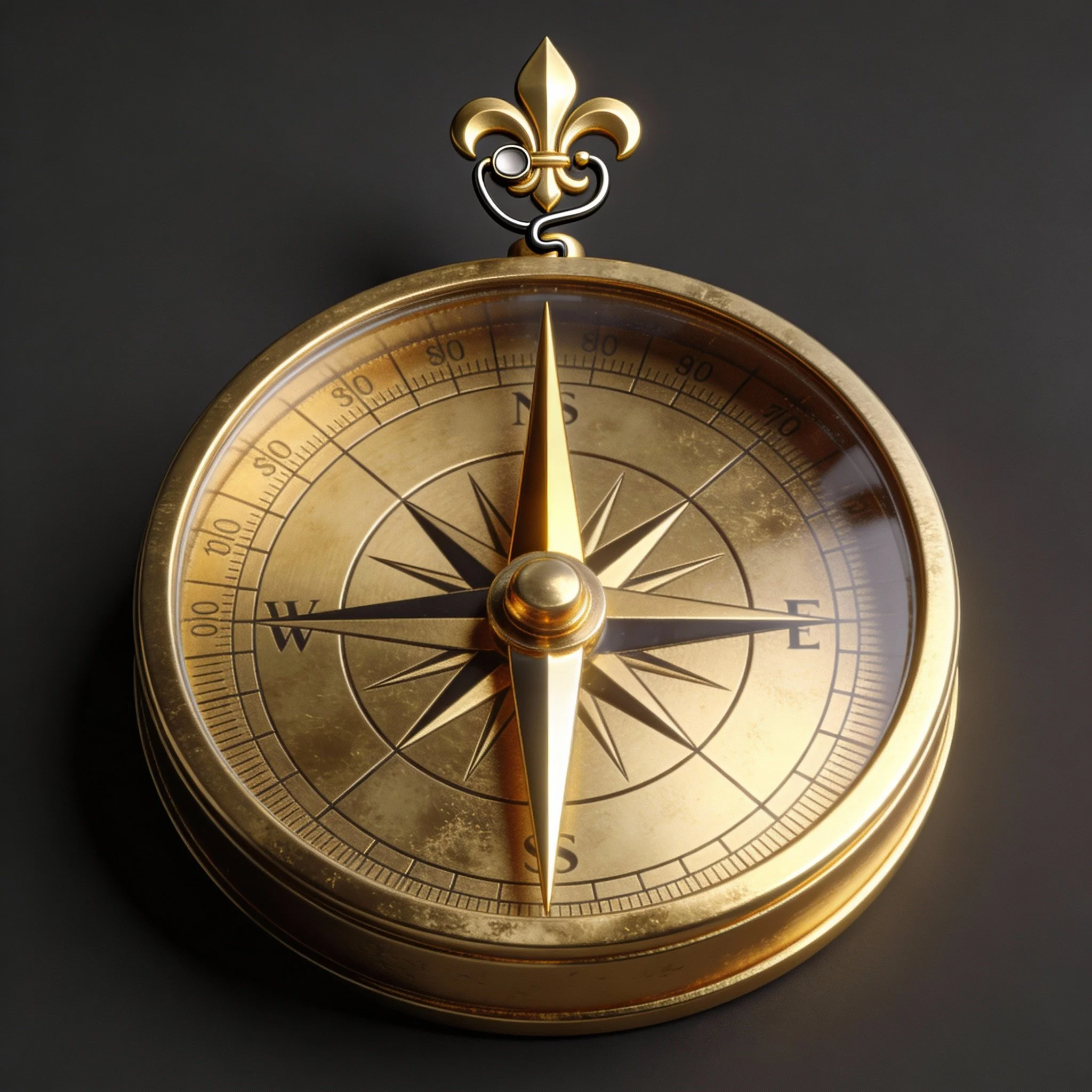 A vintage gold compass with a decorative top, resting on a black surface, showing North at the top.