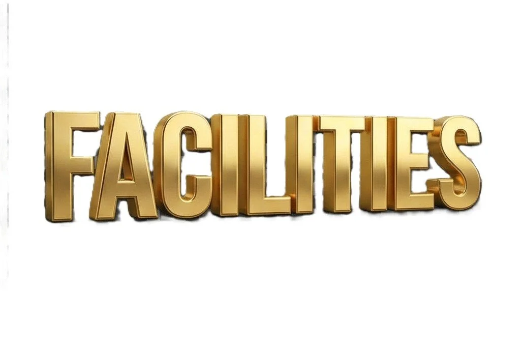 Gold 3D letter word 'FACILITIES' on a white background.