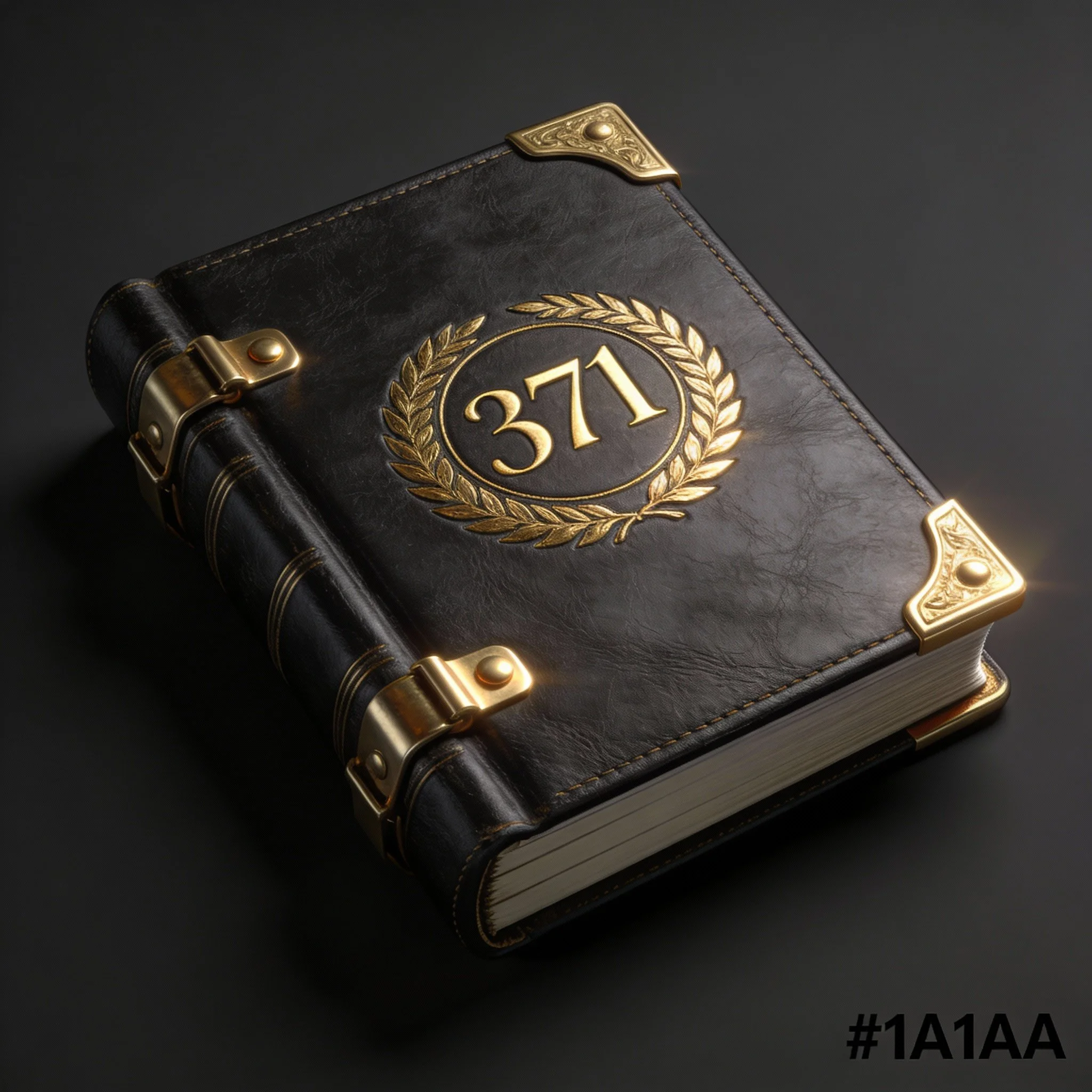 A black leather-bound book with gold decorative accents and the number 371 surrounded by a laurel wreath embossed on the cover.
