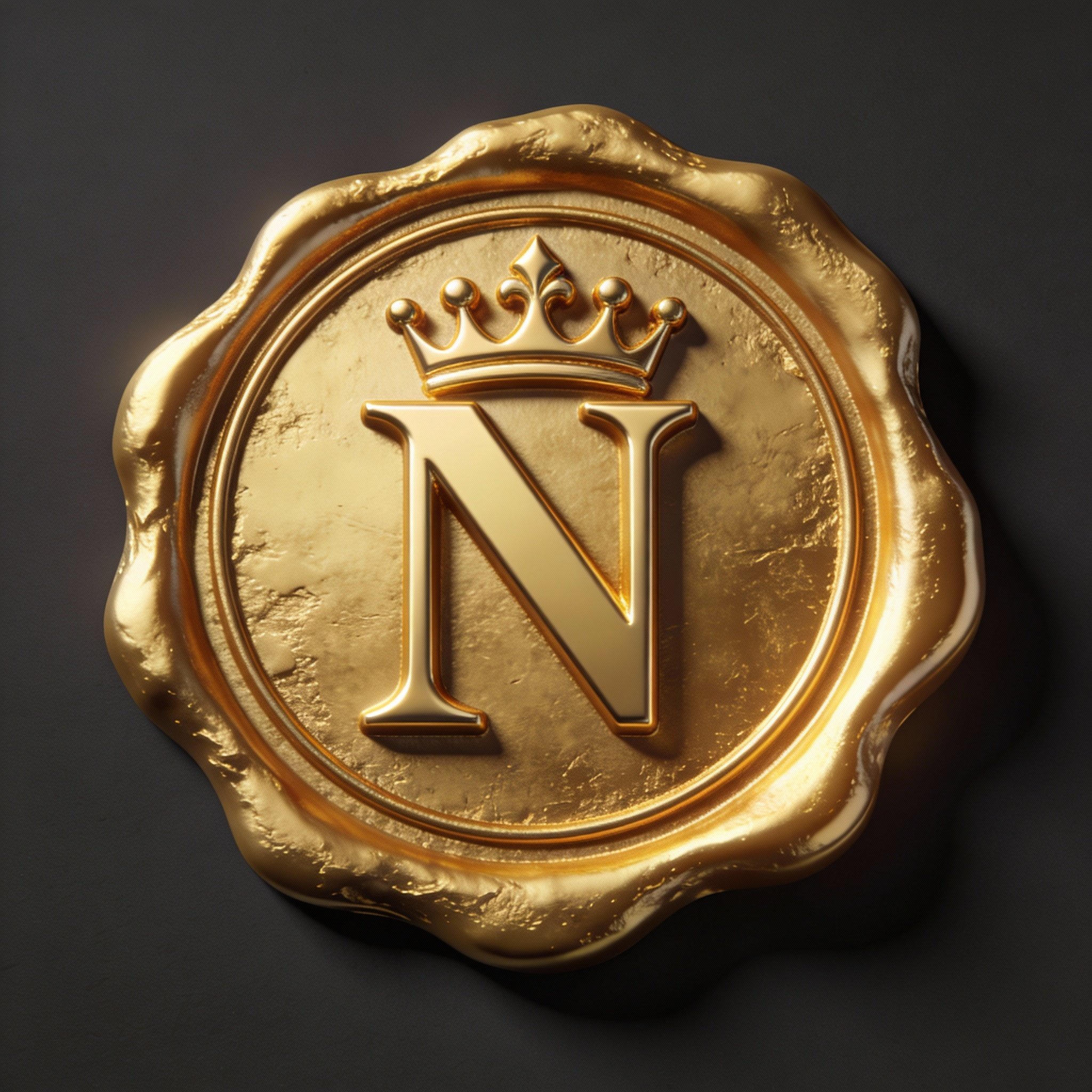 Gold wax seal with a crown and a large letter N in the center.