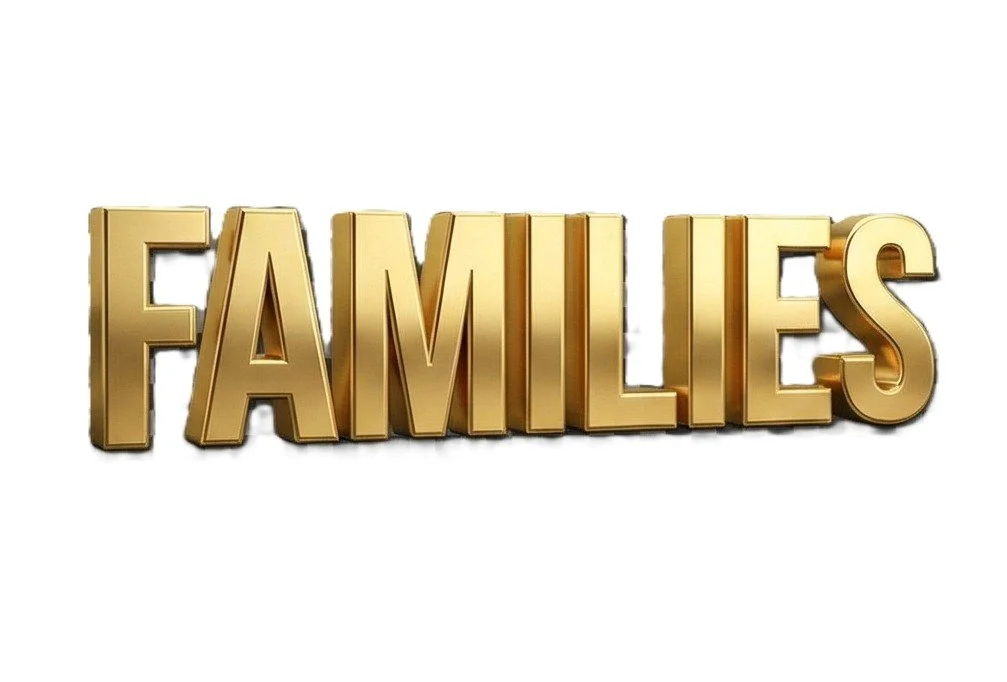 Gold 3D text spelling 'FAMILIES'