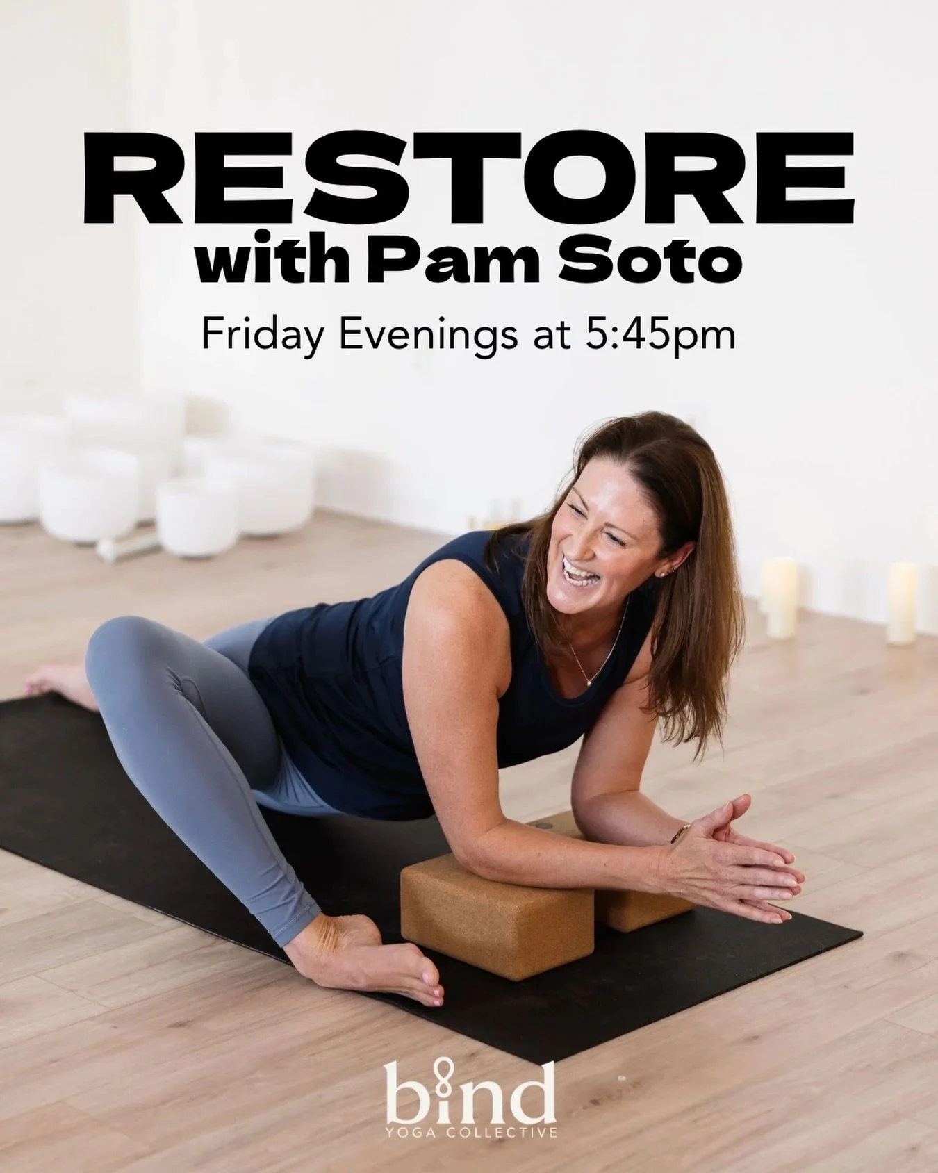 Join Pam tonight and every Friday night for a weekly nervous system reset. RESTORE is a calming class that combines gentle movement and restorative poses to help shift energy and release tension. The easiest class to show up to: all you have to do is