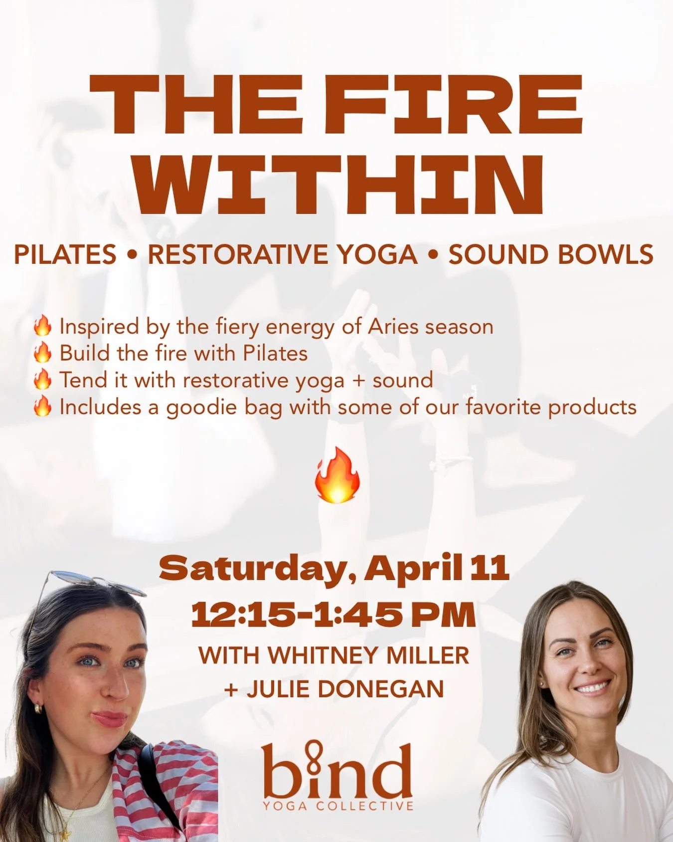 ARIES SZN INCOMING 🔥🔥🔥

Inspired by the fiery energy of Aries season, this class explores both sides of strength.

Begin with an energizing Pilates sequence with Julie set to a fiery playlist to spark heat and momentum. Then move into restorative 