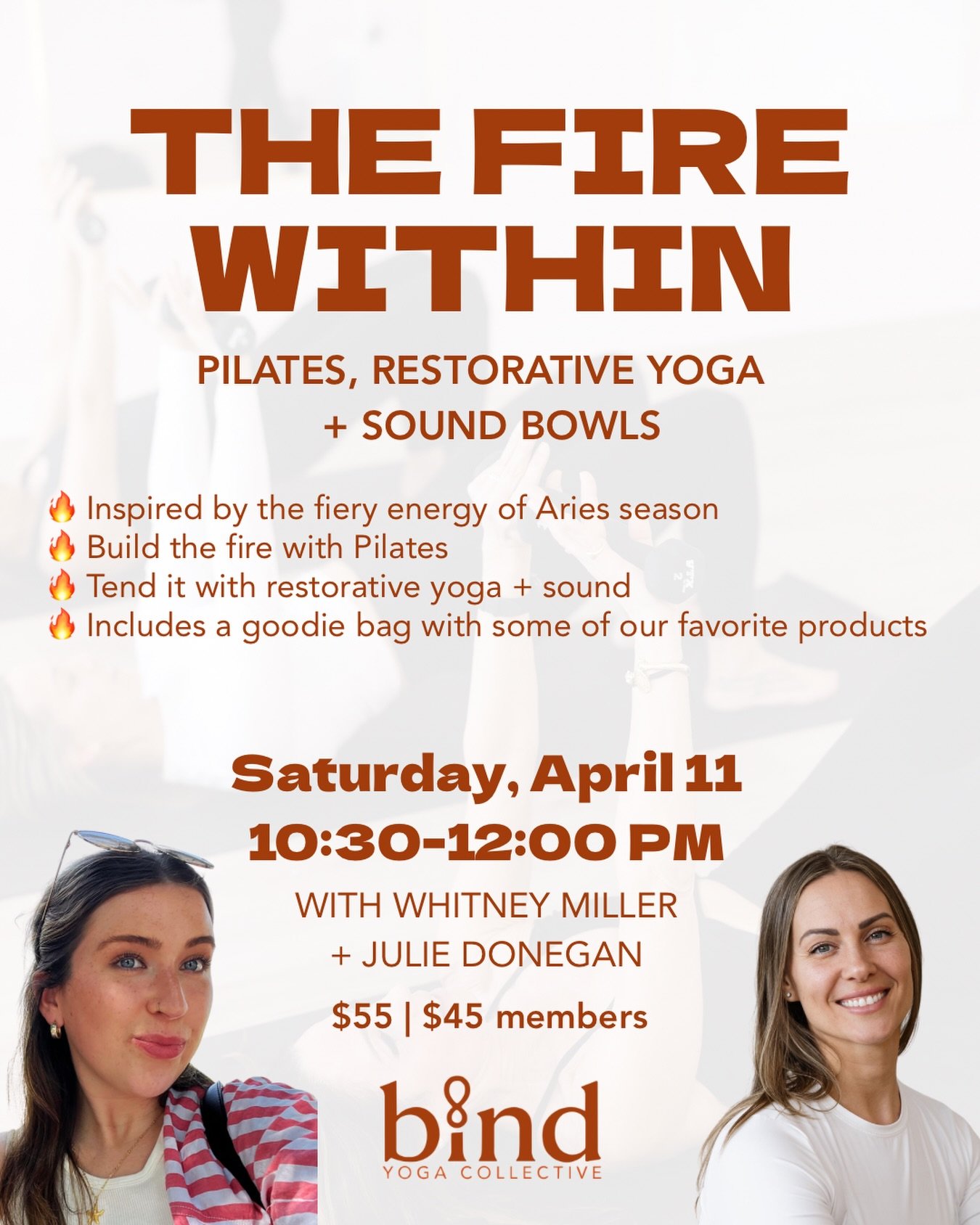 ARIES SZN INCOMING 🔥🔥🔥

Celebrate our birthdays with us! Inspired by the fiery energy of Aries season, this class explores both sides of strength.

Begin with an energizing Pilates sequence with Julie set to a fiery playlist to spark heat and mome