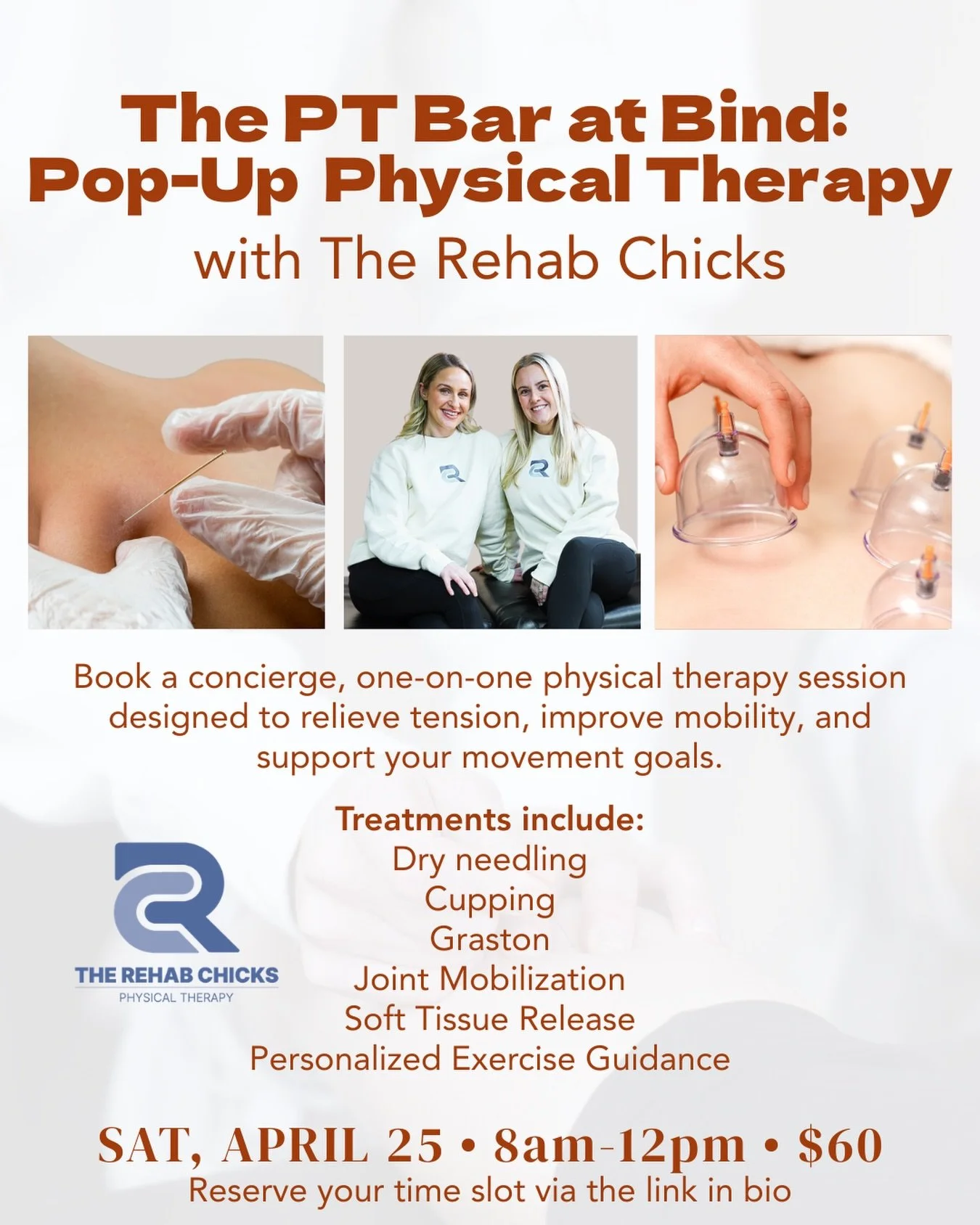 The PT Bar is coming to Bind ✨ 

We&rsquo;re hosting @therehabchicks for a morning of one-on-one physical therapy sessions right inside the studio.

Whether you&rsquo;re dealing with lingering pain, tightness, mobility limitations, or simply want to 