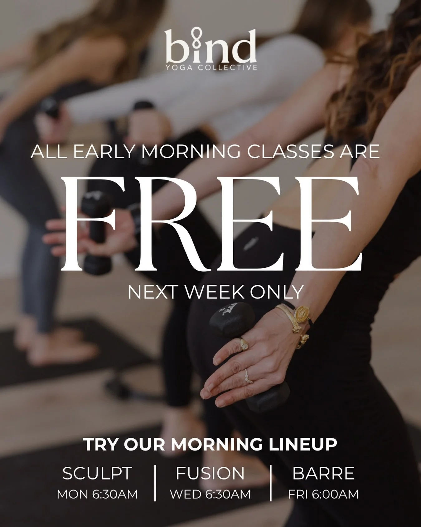 FREE early morning classes next week ☀️

We&rsquo;ve shifted our Monday and Wednesday morning classes to 6:30AM for the summer (Friday will remain at 6am!) and to celebrate, they&rsquo;re FREE all next week.

Come try our early morning lineup: &bull;