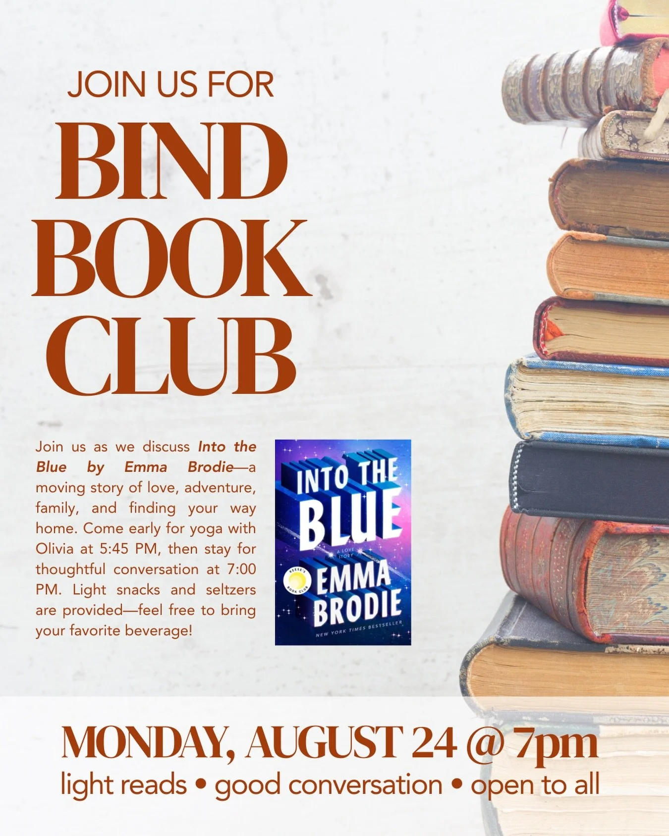 ✨Yoga + Book Club?! Say less.

Join us on Monday, August 24 at 7pm to discuss Into the Blue by Emma Brodie. Even better, take class with @oliviaperryharris at 5:45pm first!

Can&rsquo;t make it but want to come to our next one? We have dates and book