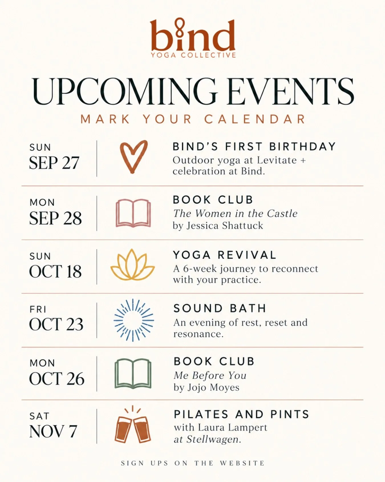 Lots of good stuff coming up ✨ 

Sign up links are in our Linktree + more details are on the website at bindyogacollective.com/events

#marshfieldma #yogastudio #pilatesstudio #southshorema