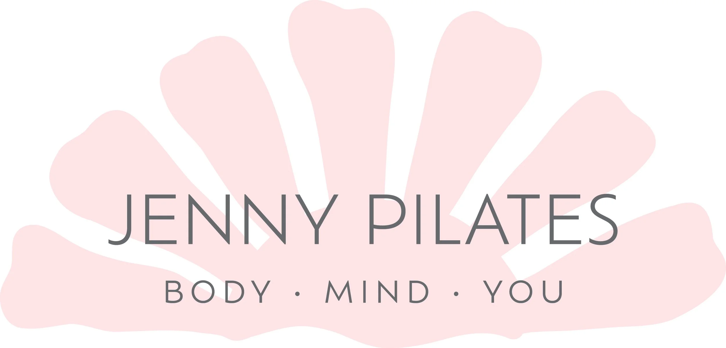 Jenny Pilates Logo, das „body.mind.you“ auf einem rosa-weißen Hintergrund zeigt.