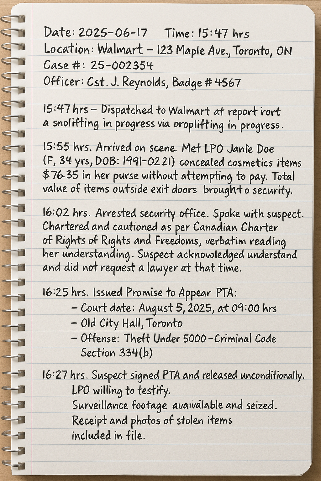 A handwritten police report on a spiral-bound notebook, detailing a case with timestamps, locations, actions, and legal procedures.