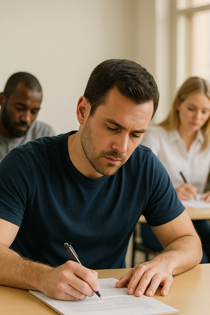 Man in navy t-shirt taking notes on paper during a class or workshop, with two people blurred in the background.