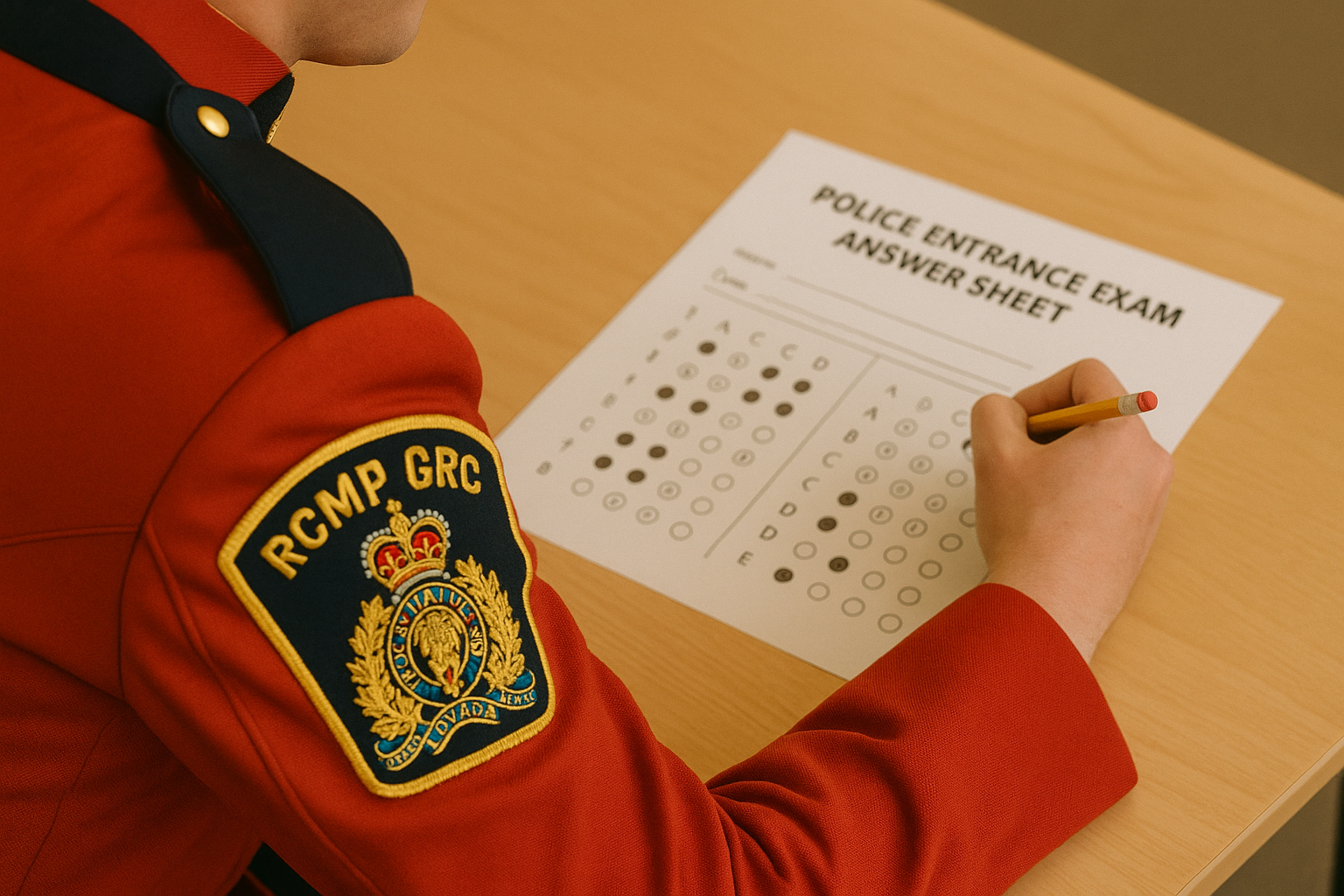 A person in a RCMP GRC uniform taking the police entrance exam, filling out an answer sheet with a pencil on a wooden table.