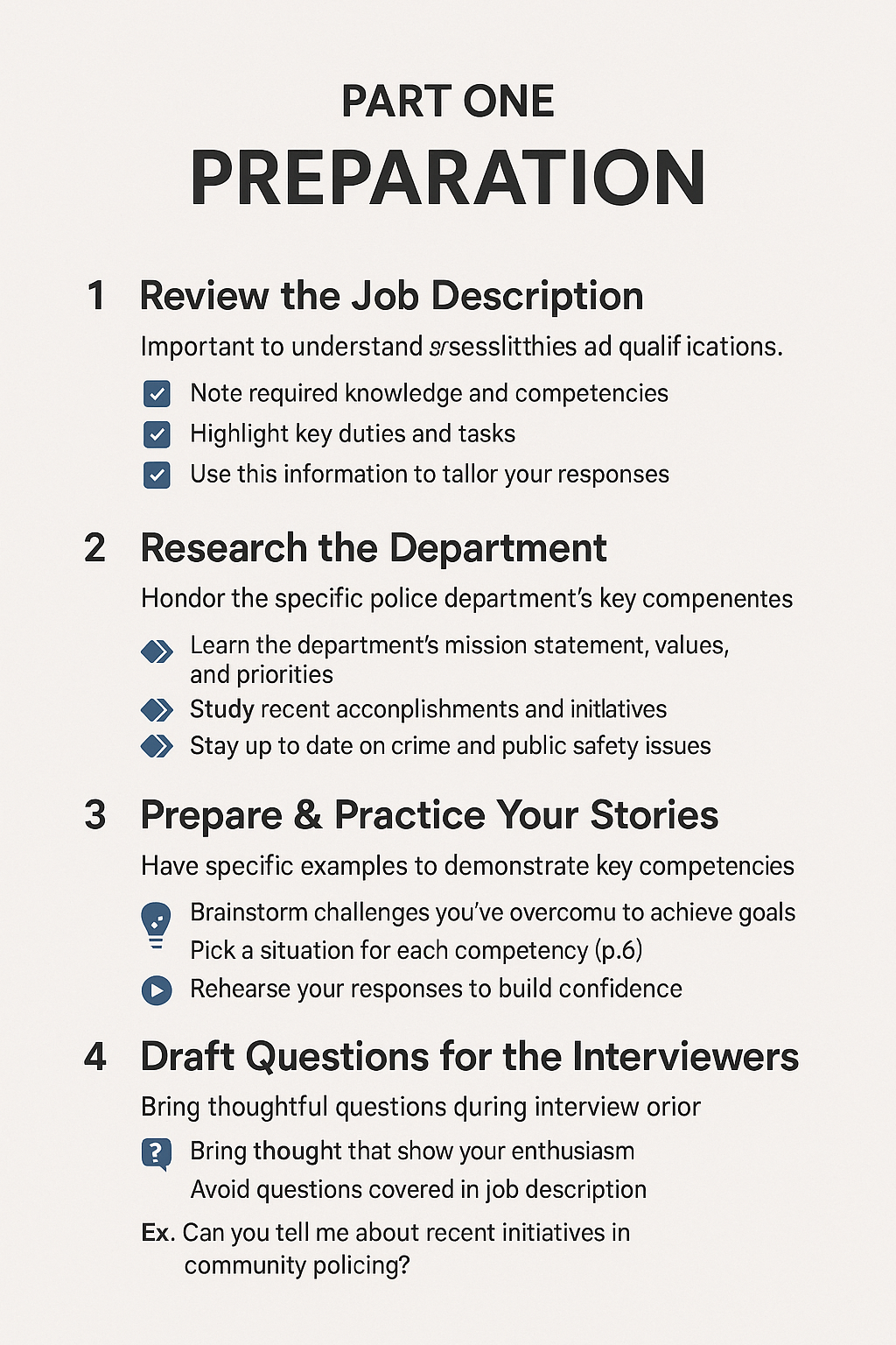 Page titled 'Part One Preparation' with numbered sections on review of job description, research the department, prepare and practice stories, and draft questions for interviewers, including check marks and icons.