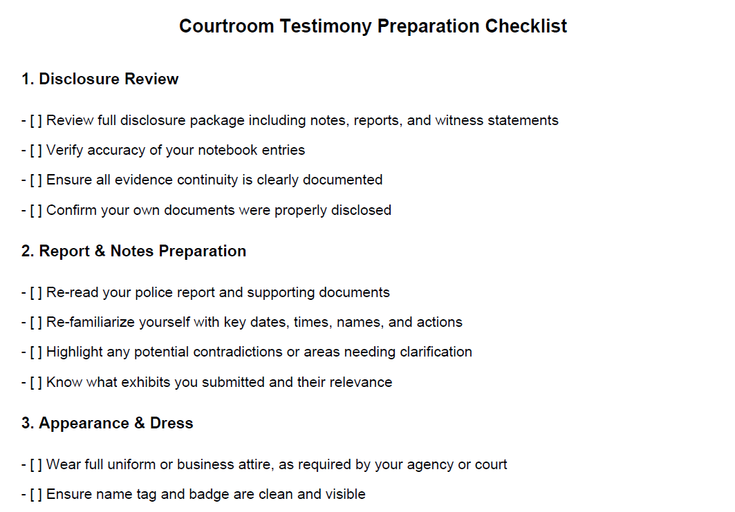 Courtroom Testimony Preparation Checklist