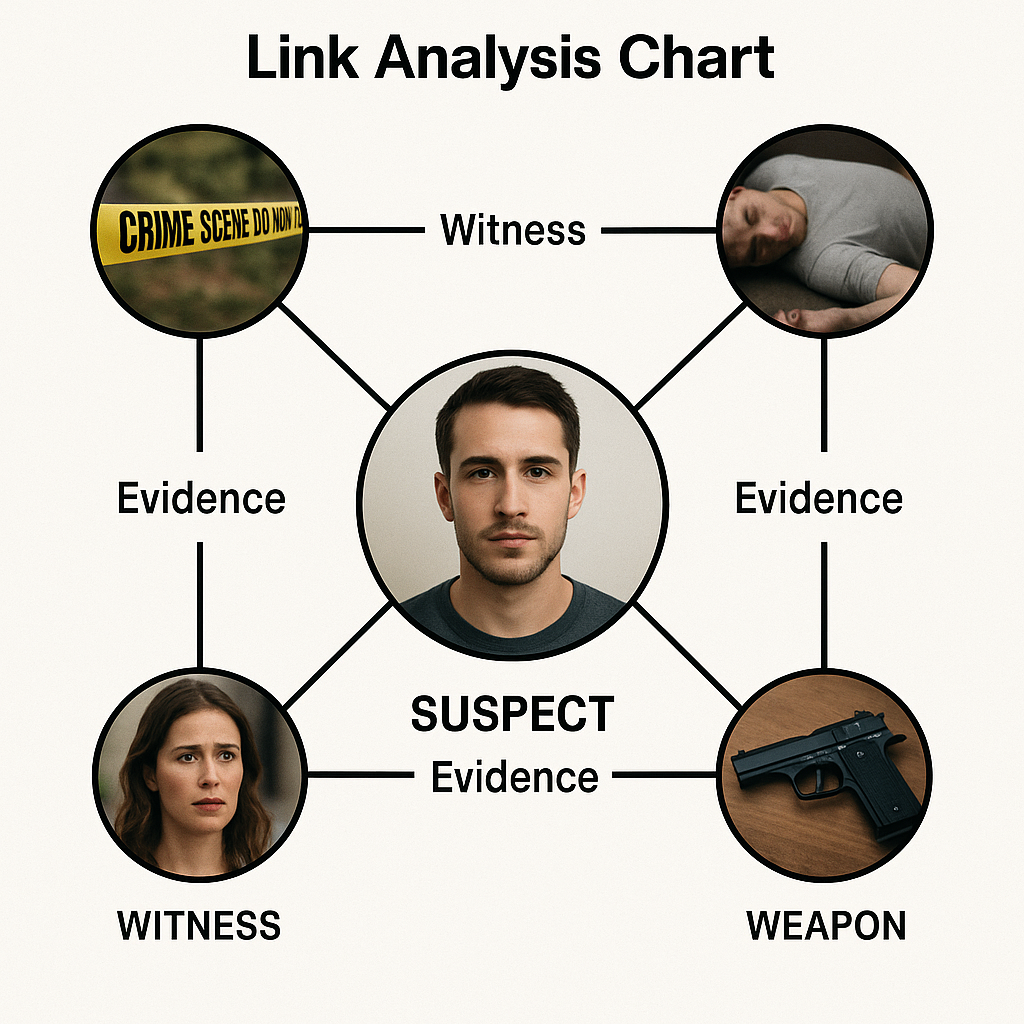 Link analysis chart with a central photo of a young man labeled 'Suspect,' connected to images of a crime scene, a sleeping woman, a gun, and a woman with a worried expression, each linked with labels 'Evidence,' 'Witness,' or 'Weapon'.