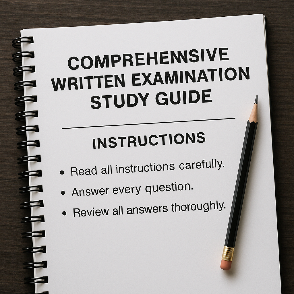A spiral notebook with a cover page titled 'Comprehensive Written Examination Study Guide' and instructions, with a black pencil resting on the right side.