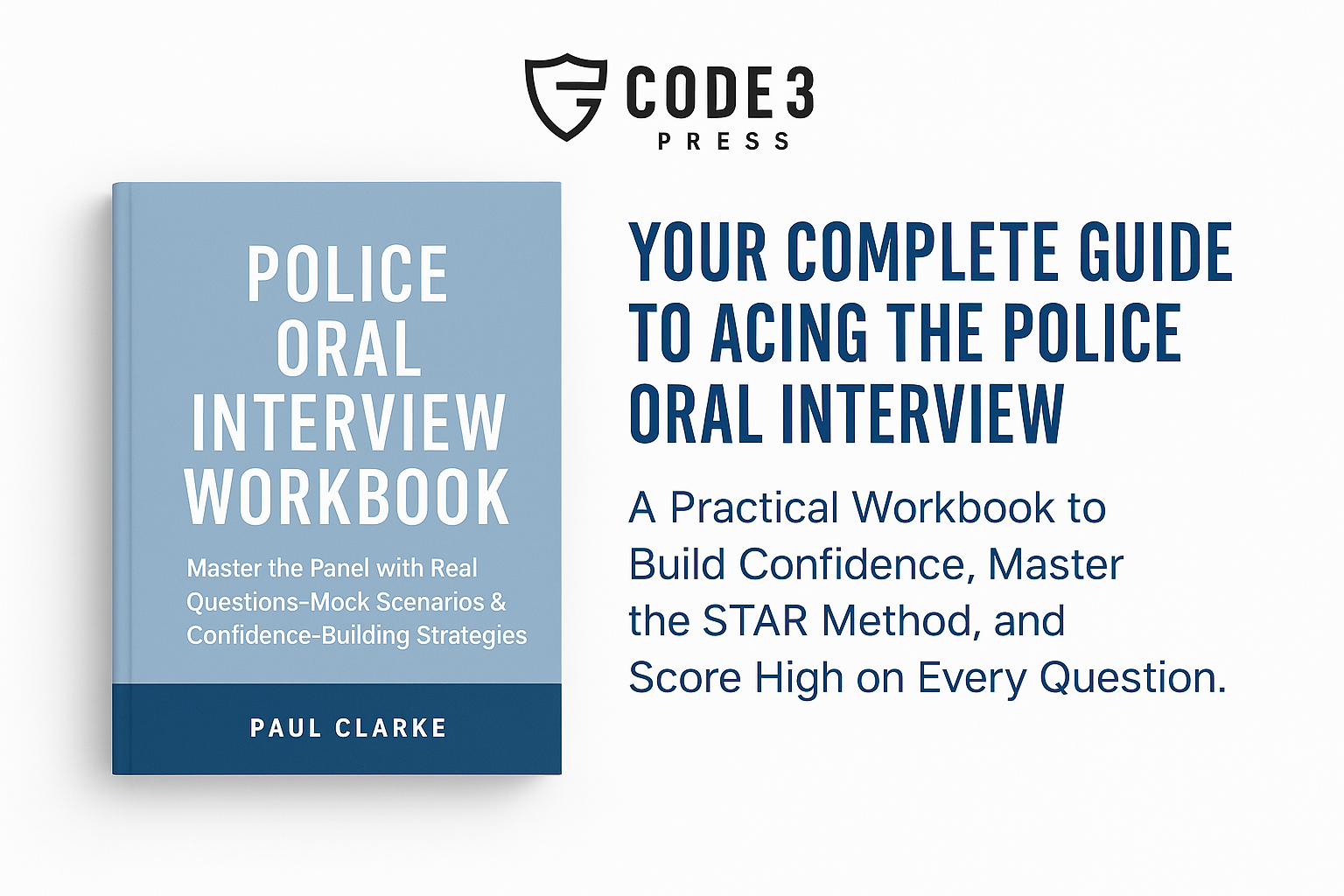 Cover of the book titled "Police Oral Interview Workbook" by Paul Clarke, along with a description for a guide on mastering police oral interviews and building confidence.
