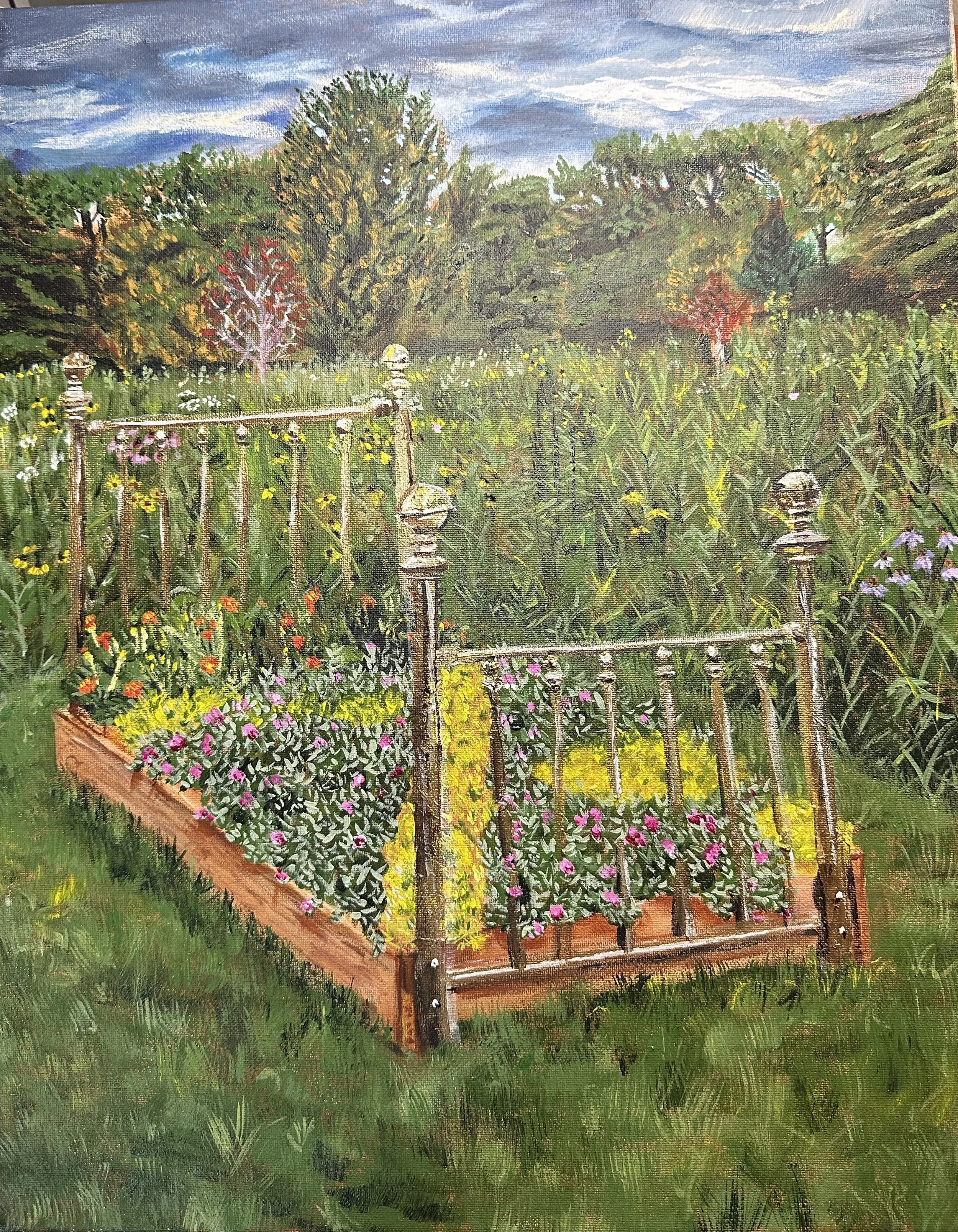 A colorful painting of a garden with a wooden fence surrounding a flowerbed filled with various pink, yellow, and orange flowers. In the background, lush trees and a cloudy sky are visible.