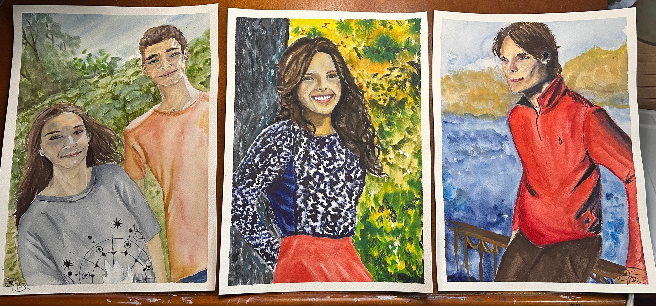 Three watercolor portraits of women and a man, each with different backgrounds and clothing styles.