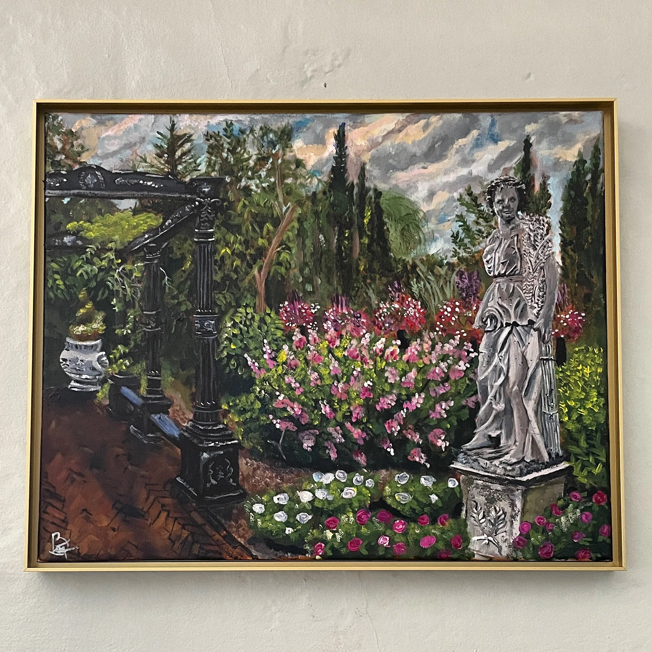 A colorful painting of a Italian garden scene with a stone statue of a woman, blooming flowers, greenery, and a cloudy sky in the background.