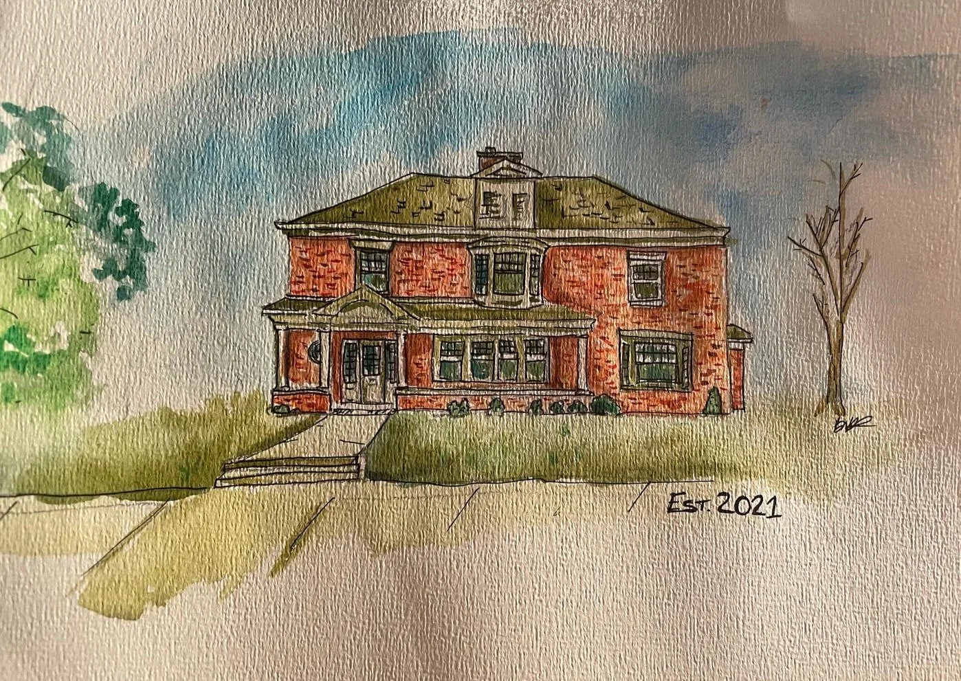 Watercolor painting of a two-story brick house with a front porch, surrounded by grass, trees, and a cloudy sky, with the text "Est. 2021" at the bottom right.
