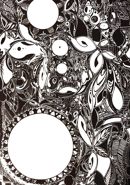 Black and white abstract artwork featuring various oval and circular shapes, intricate line designs, and stylized organic patterns.