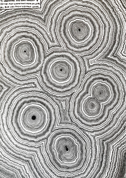 Black and white concentric circles with scribbled lines creating a hypnotic pattern. Text in the upper left corner reads: "To understand and know yourself. The most important thing in life is to be yourself and persistent effort."