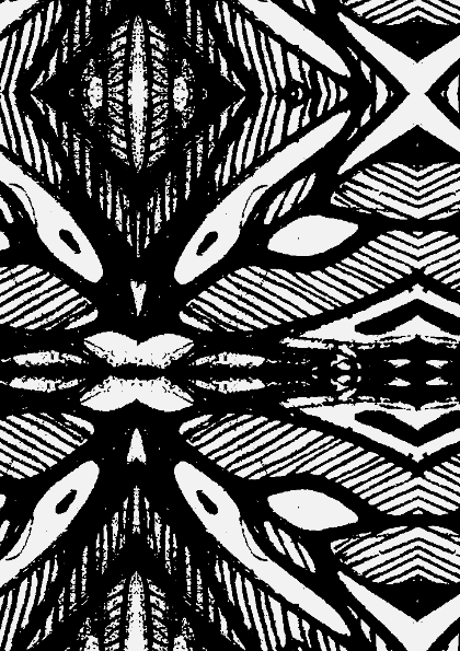 Black and white abstract geometric pattern with symmetrical lines and shapes resembling a tribal or folk art design.