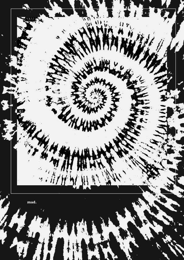 Black and white abstract spiral design with a textured pattern, framed by a border, with small text 'mad.' in the bottom left corner.