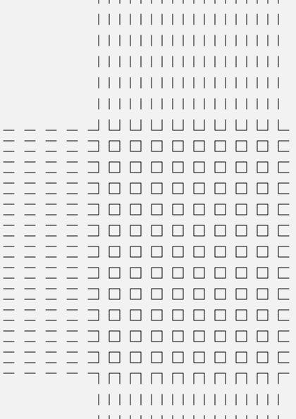 A pixelated and abstract pattern consisting of various geometric shapes, lines, and squares arranged in rows and columns.