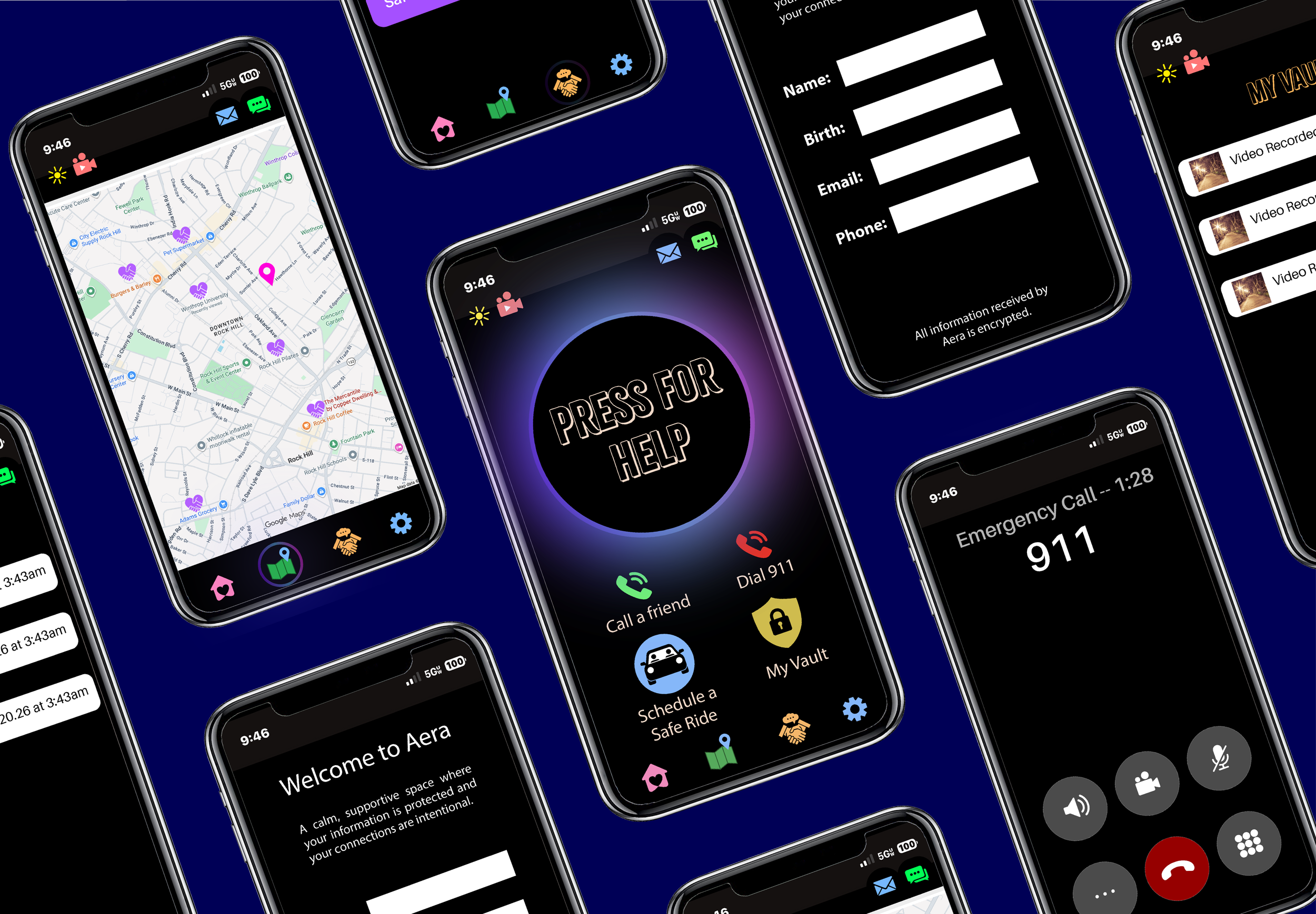 A collection of smartphones displaying various app screens, including maps, emergency calls, sign-up form, help prompt, and social media icons, arranged on a dark blue background.