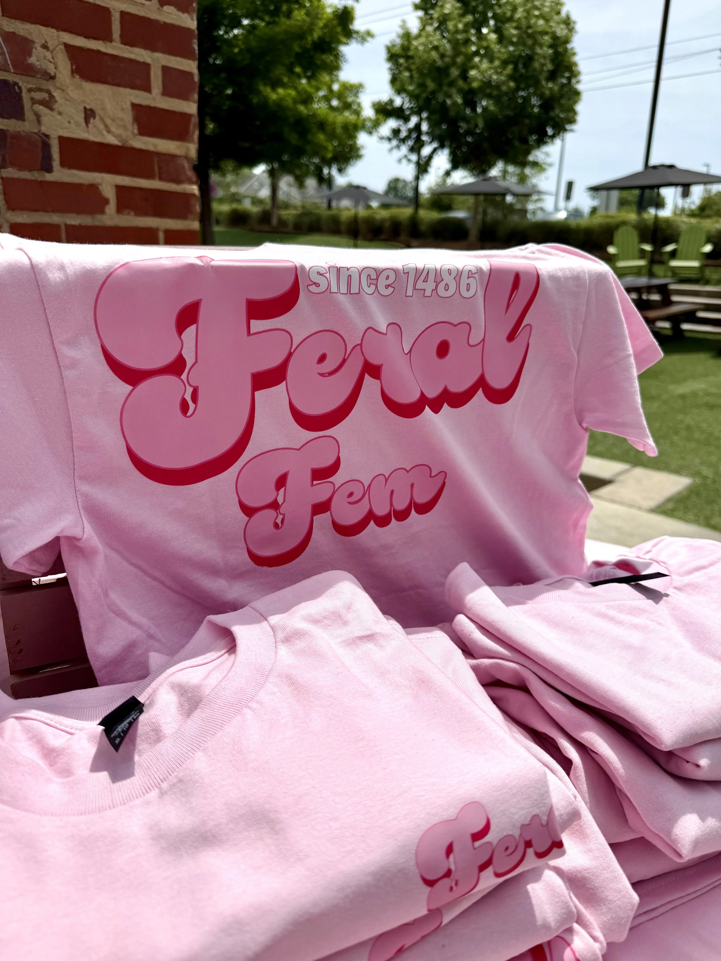 Stack of pink t-shirts with text reading "since 1486 Fera!" outdoors near a brick wall, with trees, umbrellas, and outdoor seating in the background.