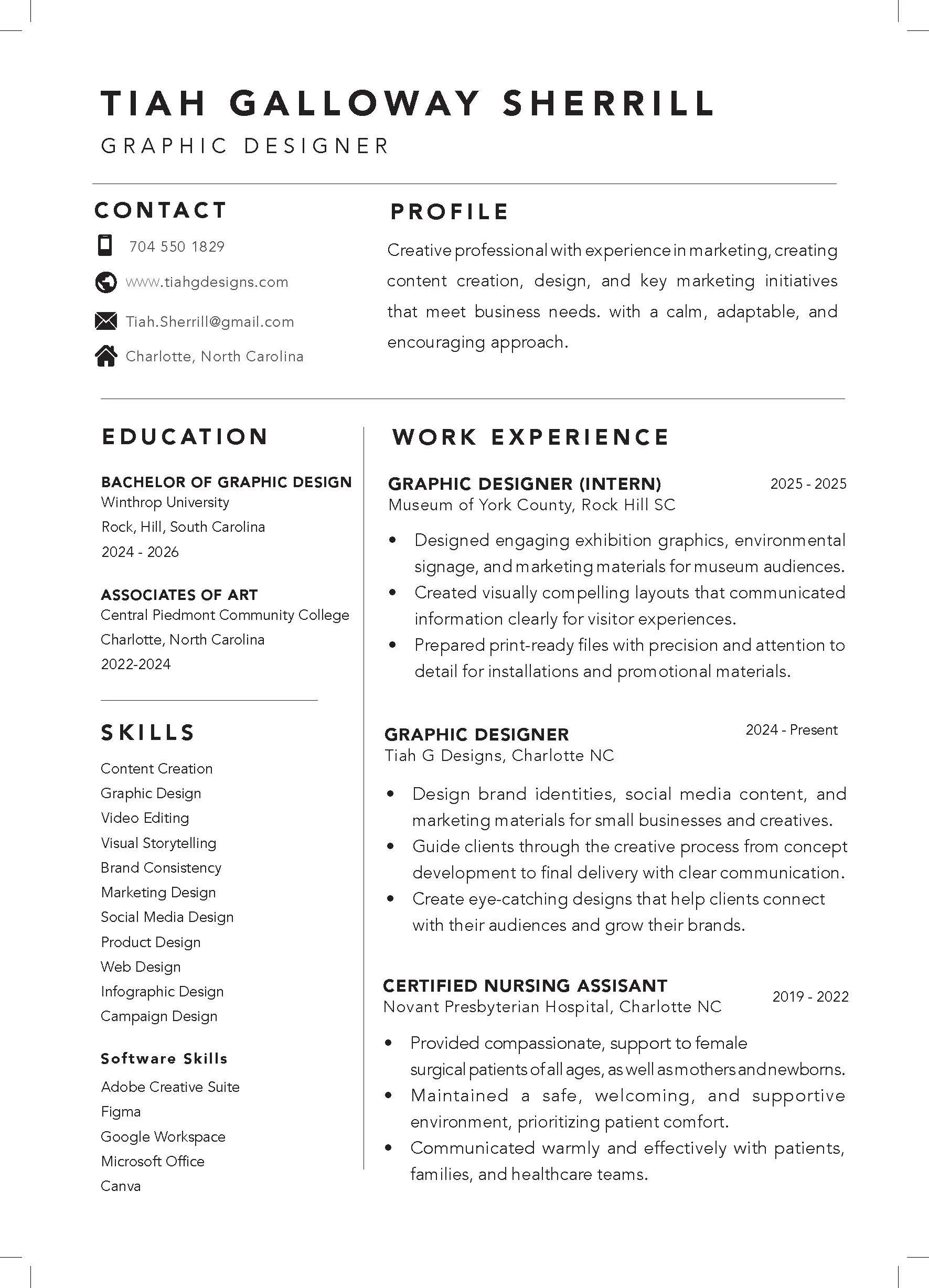 A detailed professional resume for Tiah Galloway Sherrill, a graphic designer from Charlotte, North Carolina, including contact information, profile summary, education, work experience, skills, certifications, and technical skills.