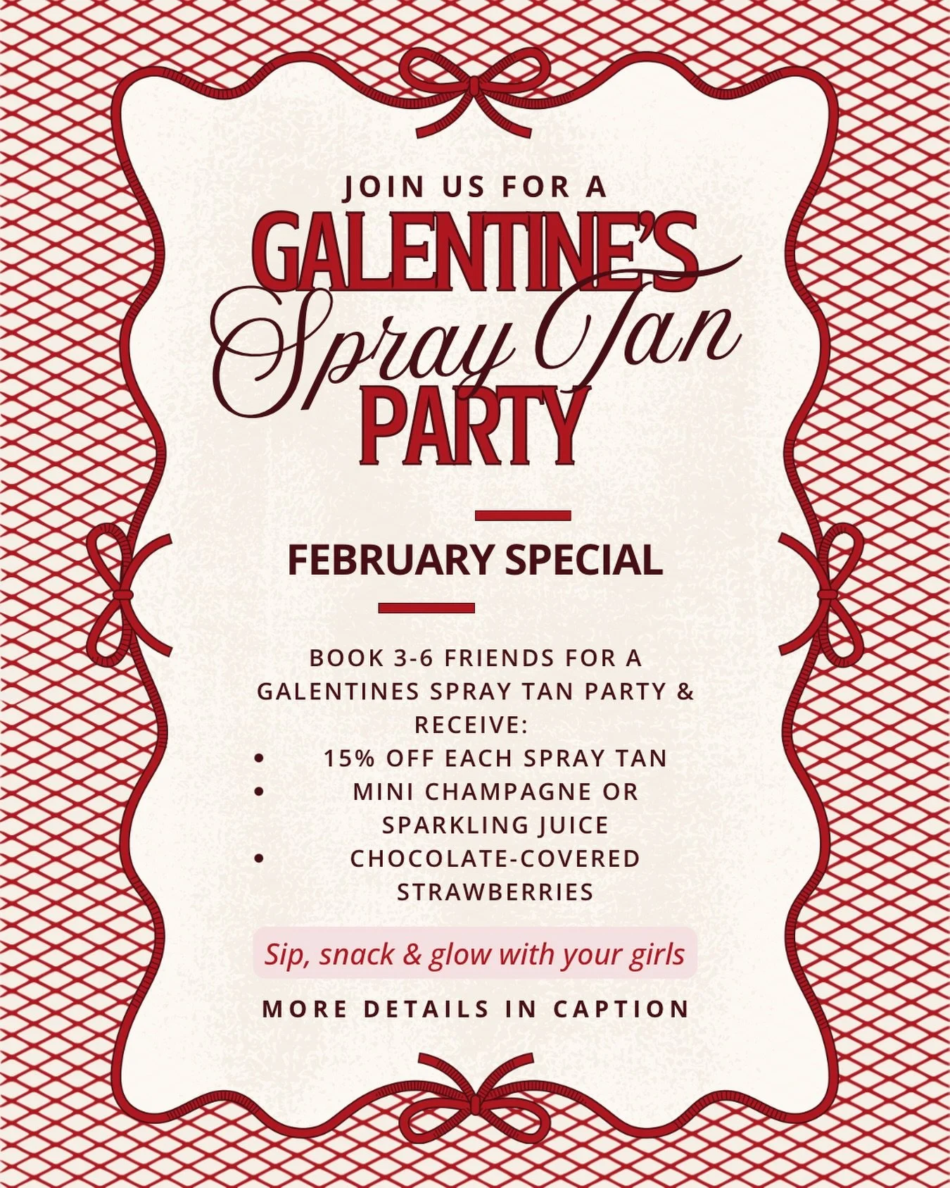 ✨ Grab your girls &amp; glow together ✨
Our Galentine&rsquo;s Spray Tan Party is the ultimate February treat.
Starting at $200, with each additional tan 15% off when booking 3&ndash;6 friends.
Sip something bubbly, snack on chocolate-covered strawber